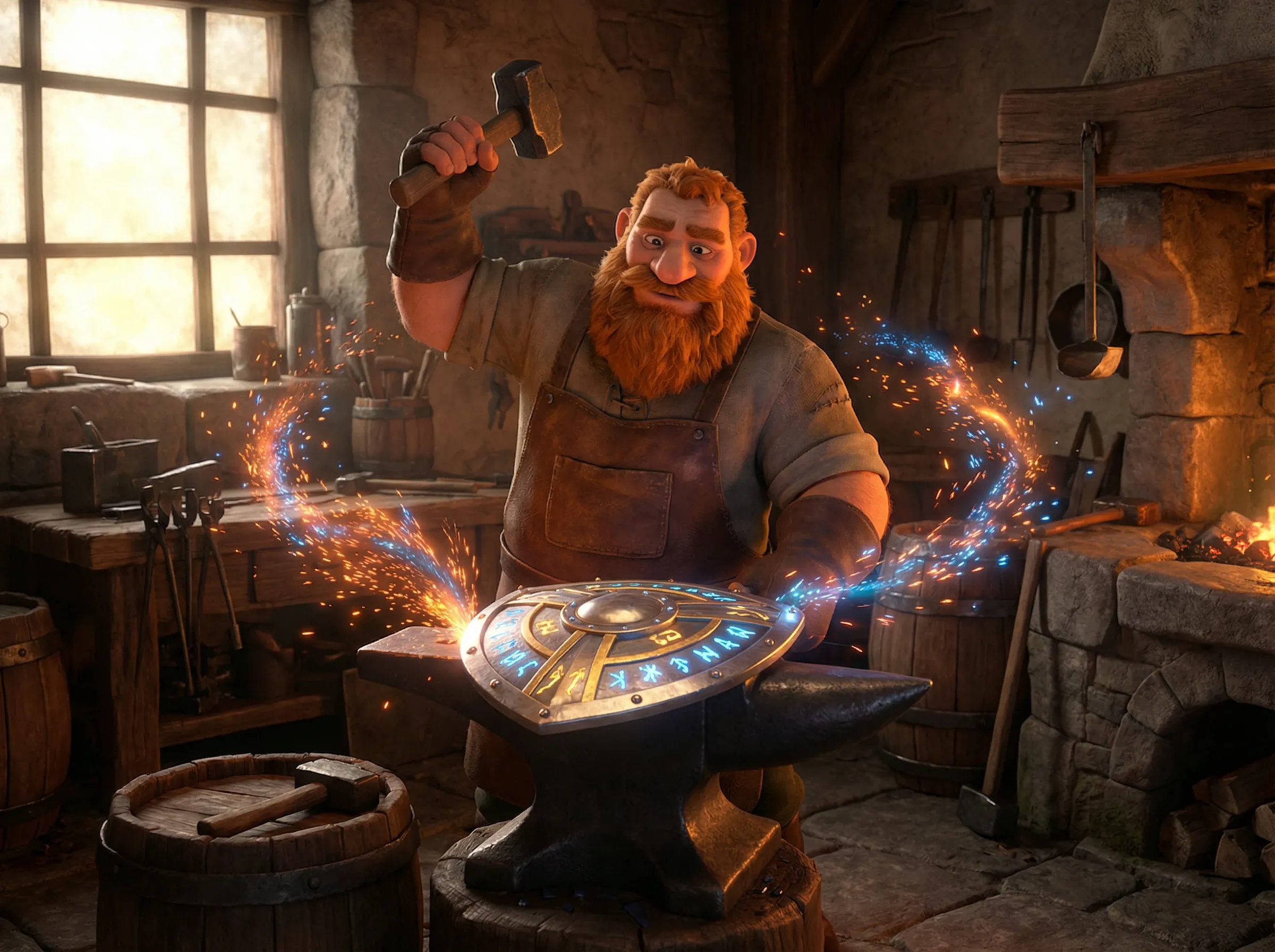 Forgeron martelant bouclier brillant, étincelles