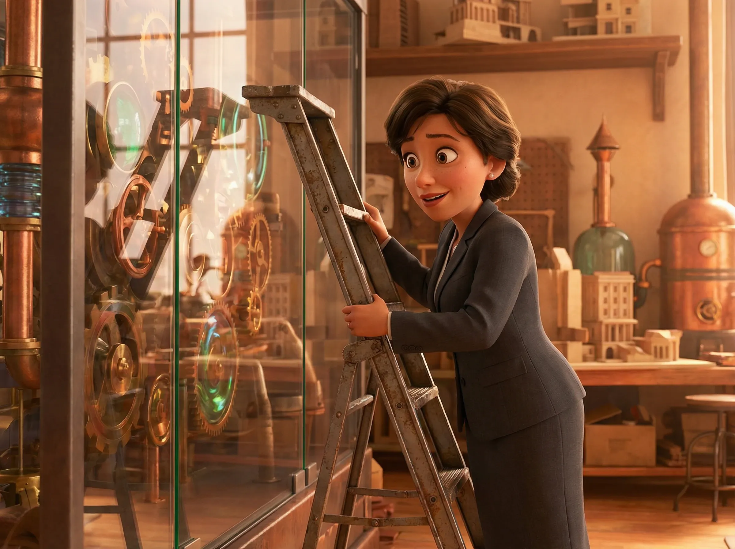 Femme prépare échelle devant structure interne complexe