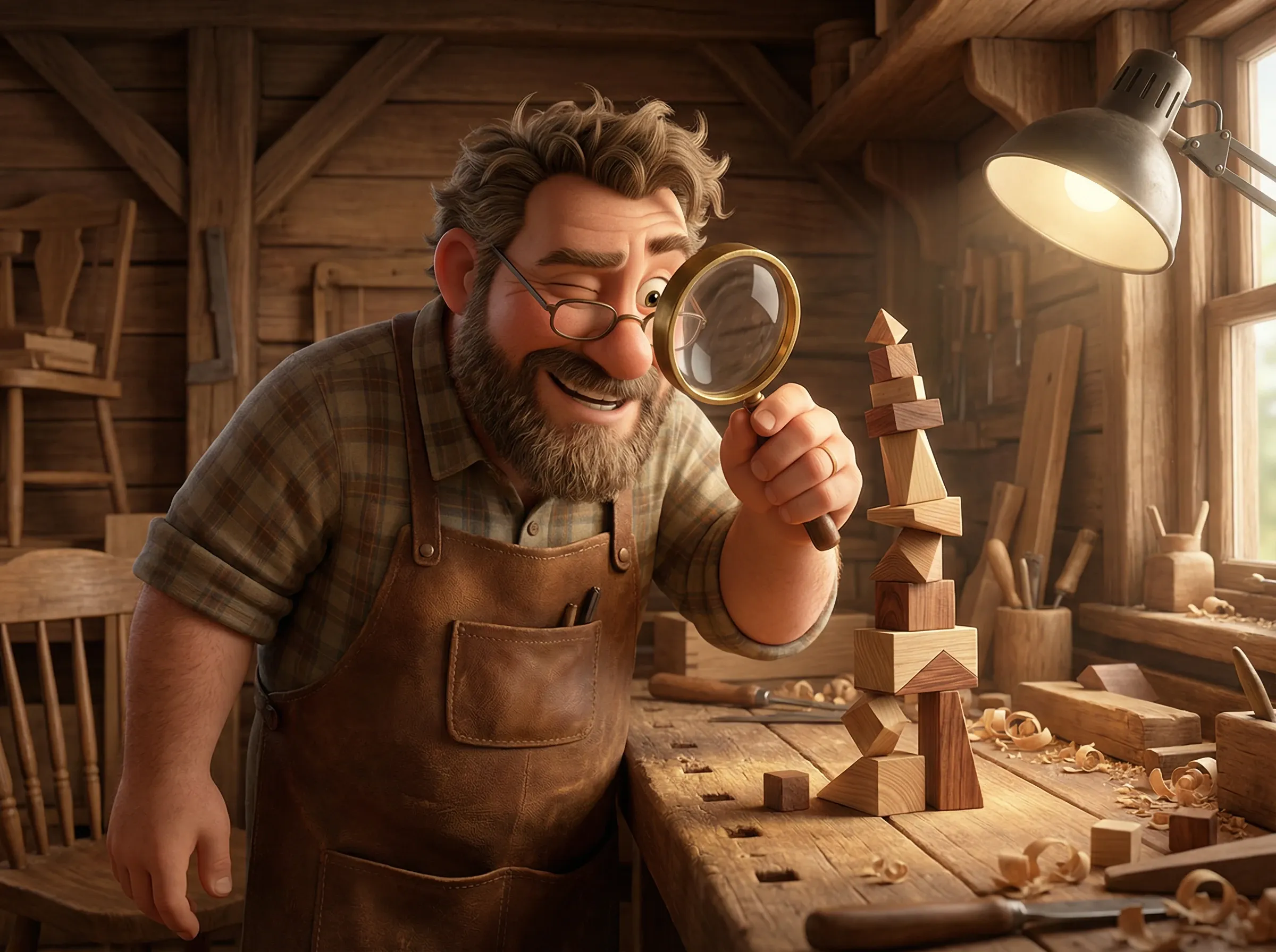 Artisan à la loupe inspectant des blocs de bois