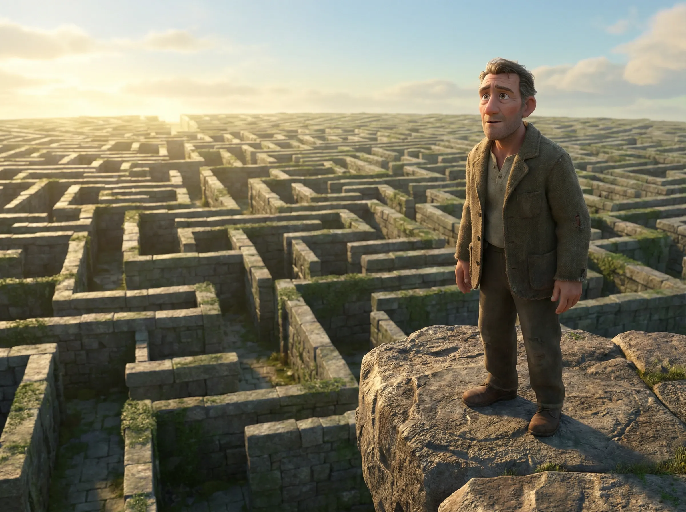 Homme contemplant un labyrinthe antique à l'aube