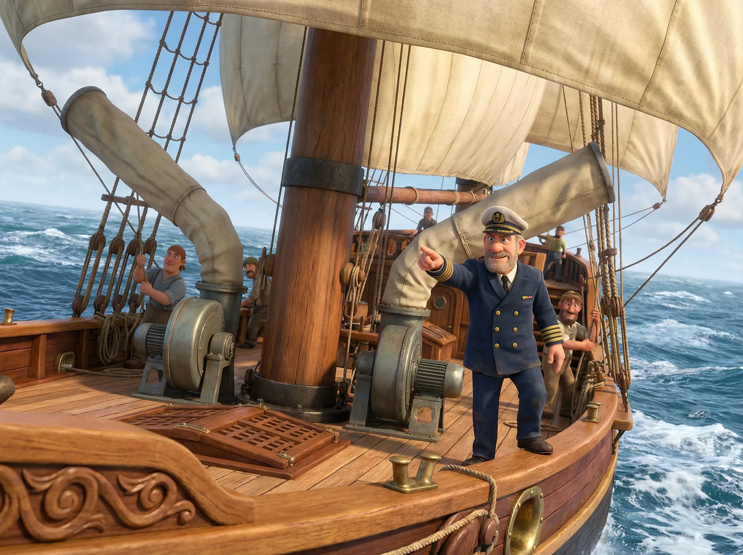 Officier navigant, voiles gonflées par souffleurs