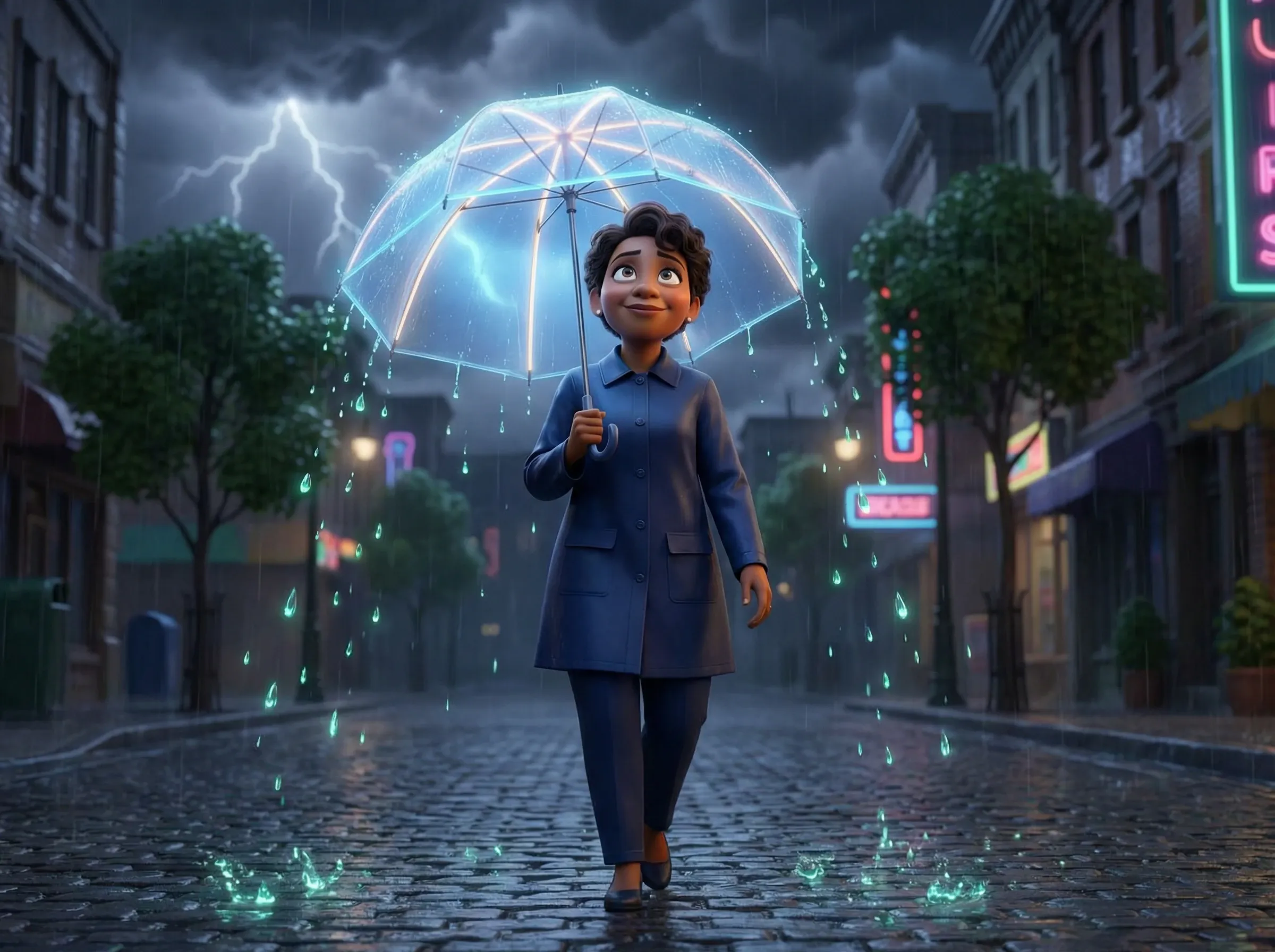 Femme parapluie lumineux sous la pluie, sereine
