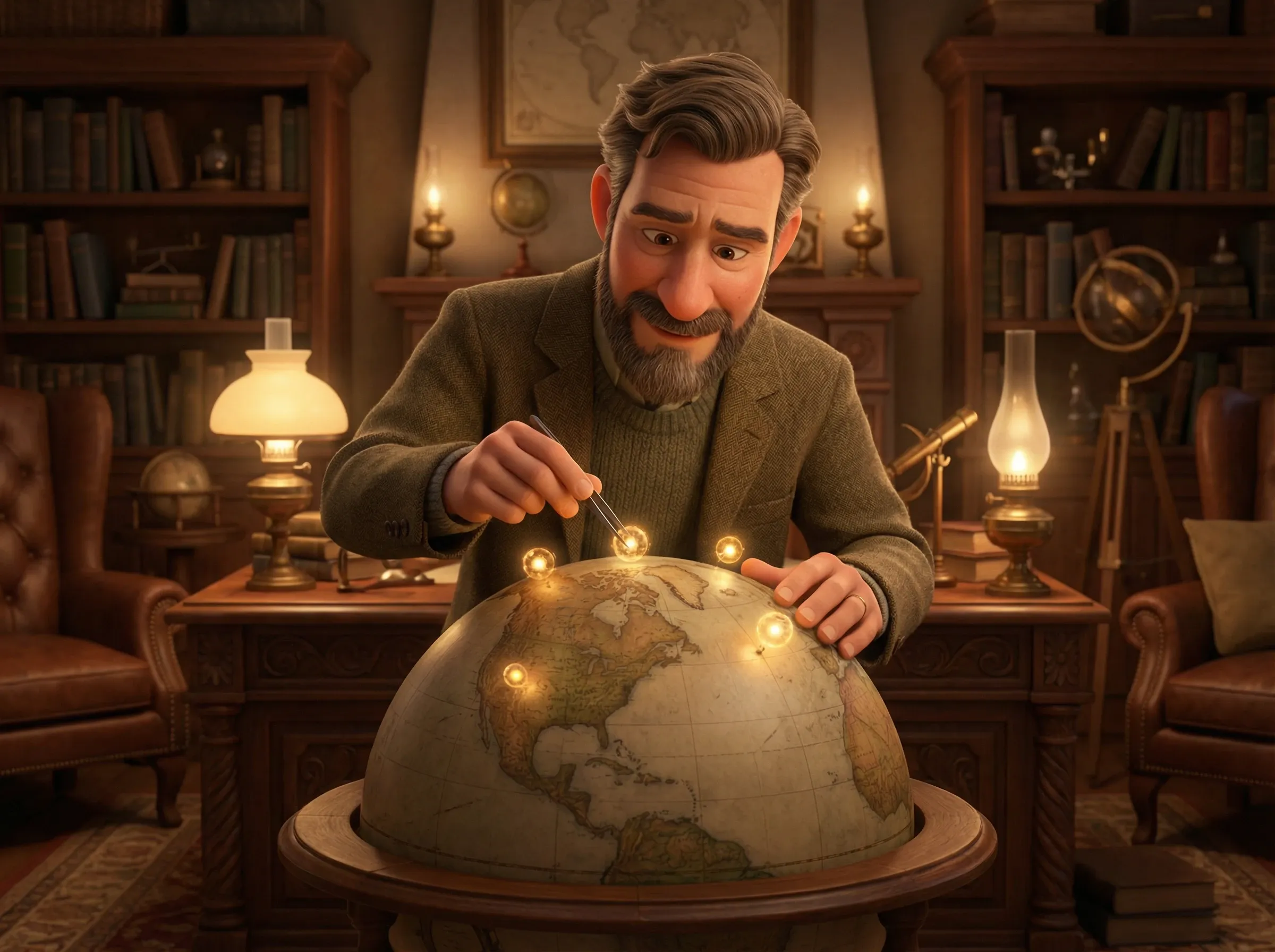 Homme connectant sphères lumineuses sur un globe terrestre