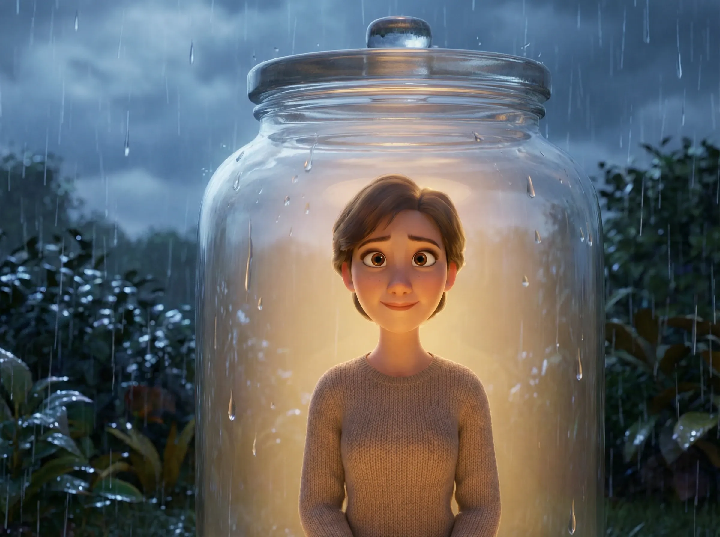 Femme sereine sous cloche de verre protégeant de la pluie