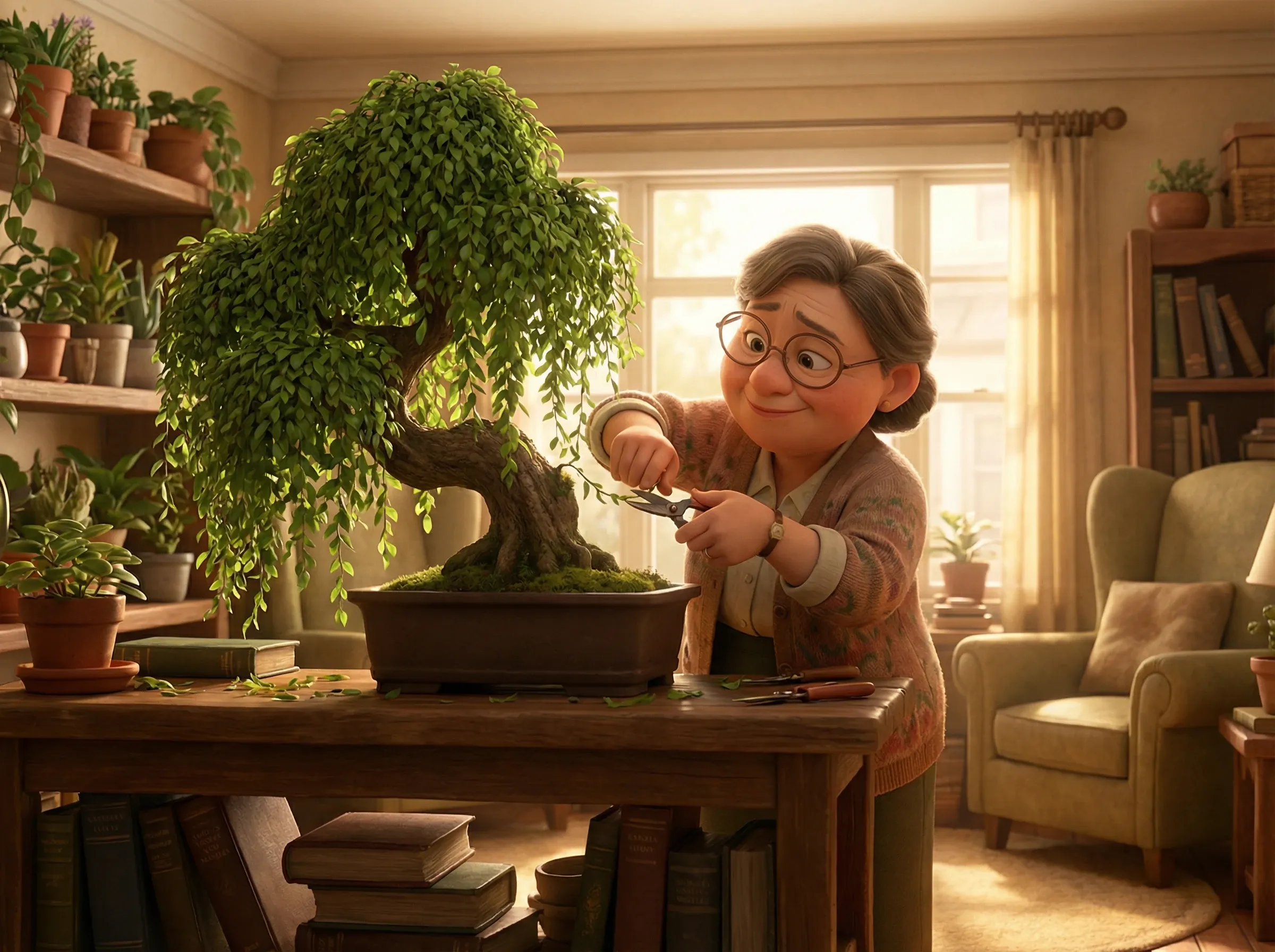 Taille minutieuse d'un bonsaï dense par une femme