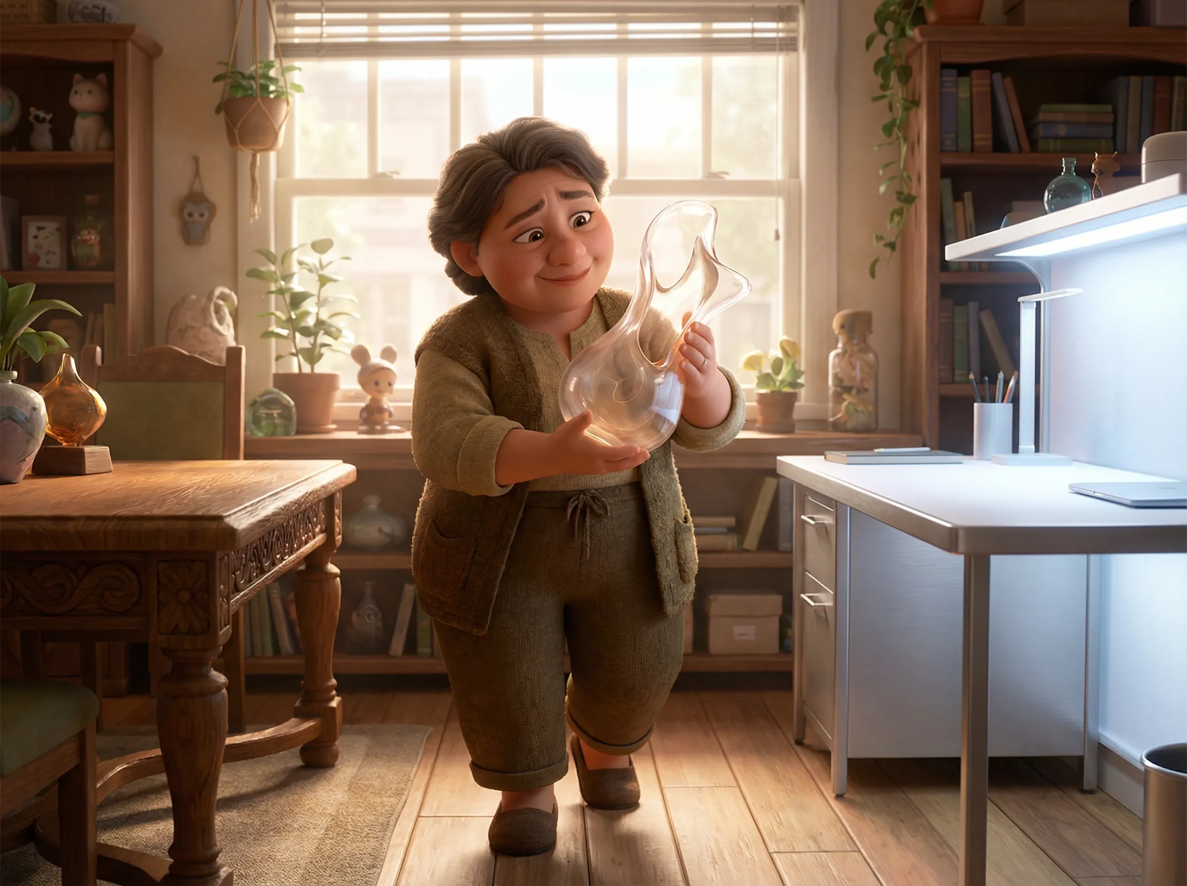 Femme transportant délicatement une structure en verre