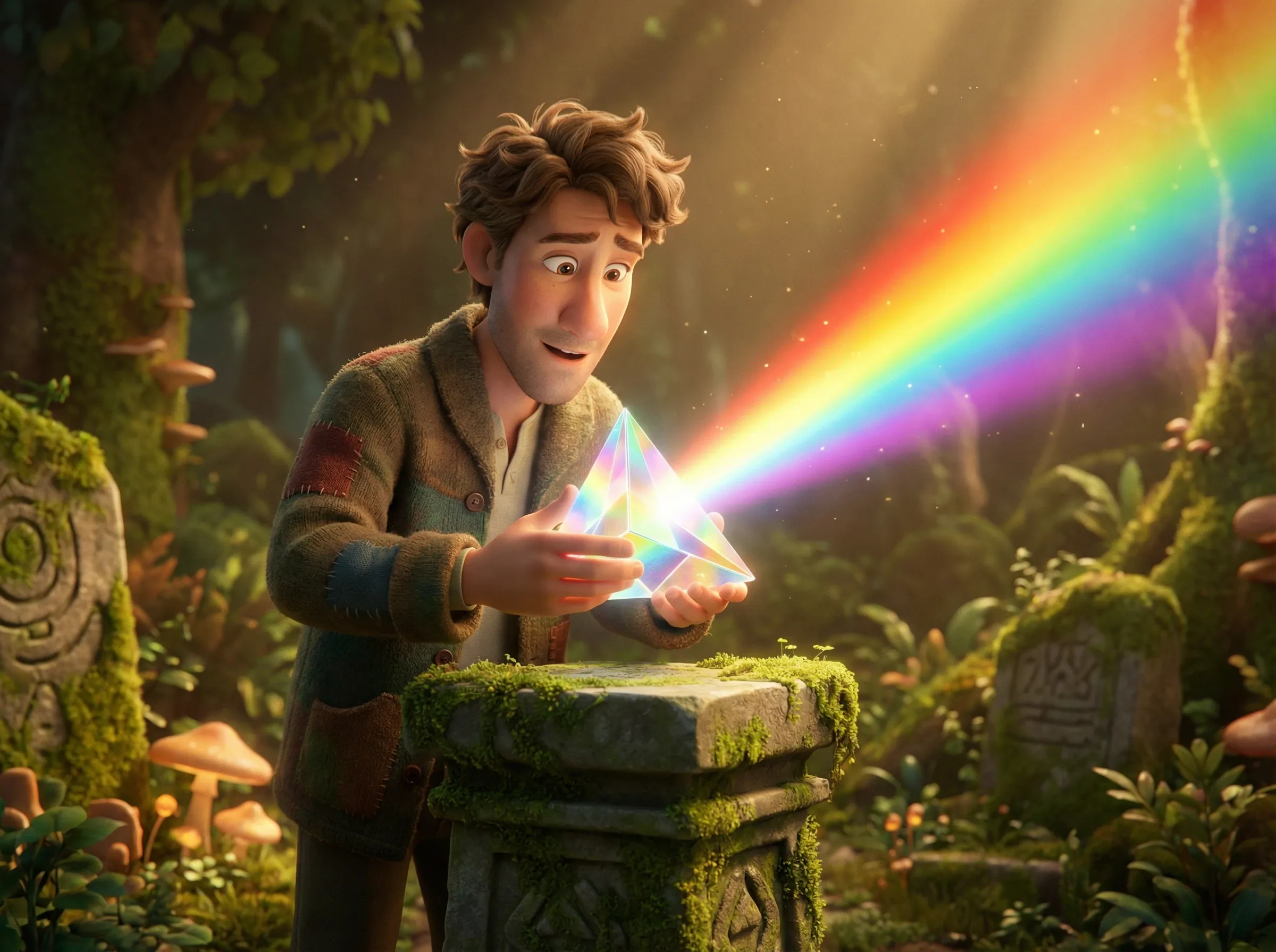 Homme positionnant un prisme sur un piédestal