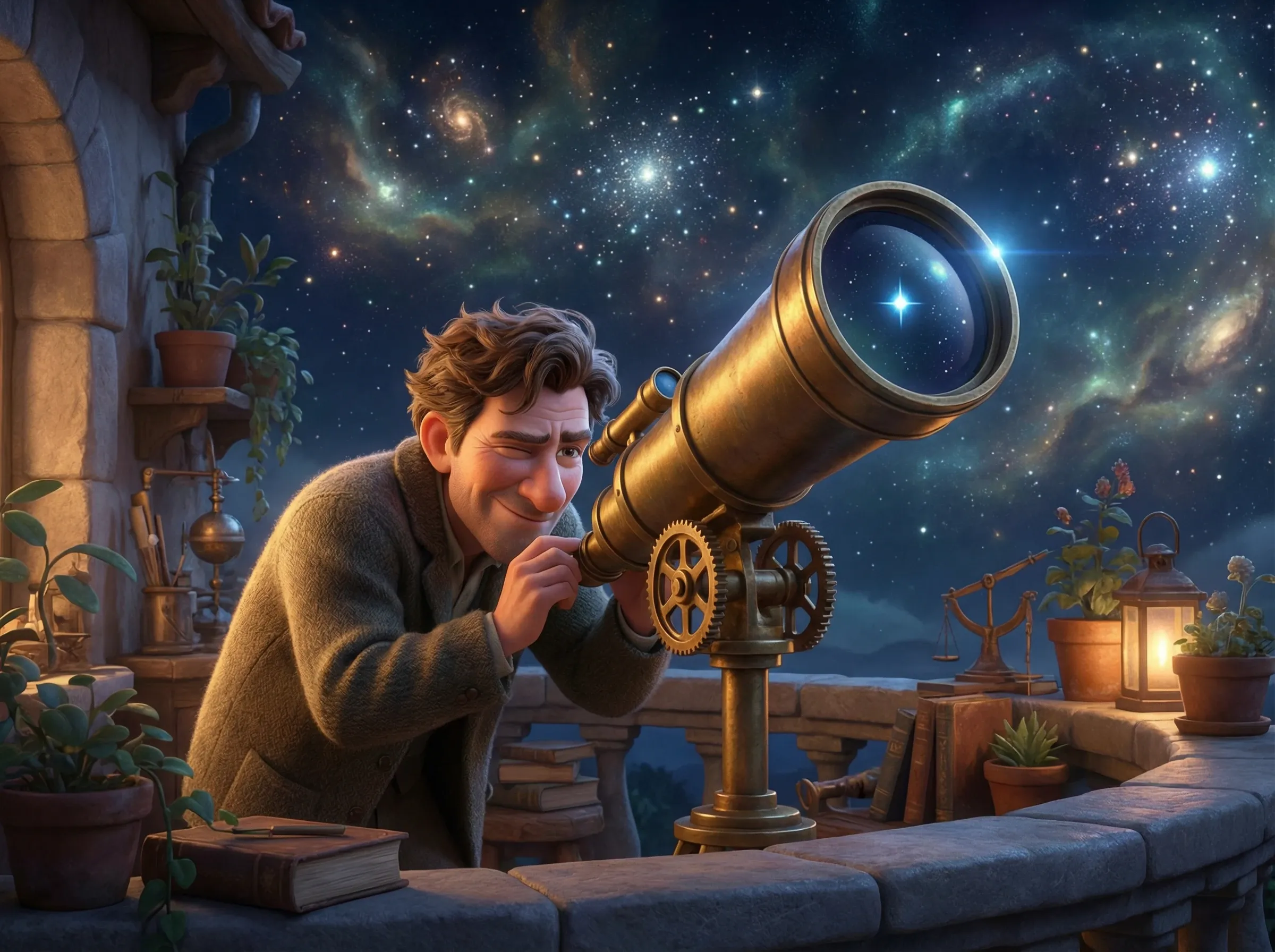 Nuit étoilée: Homme observe le ciel au téléscope