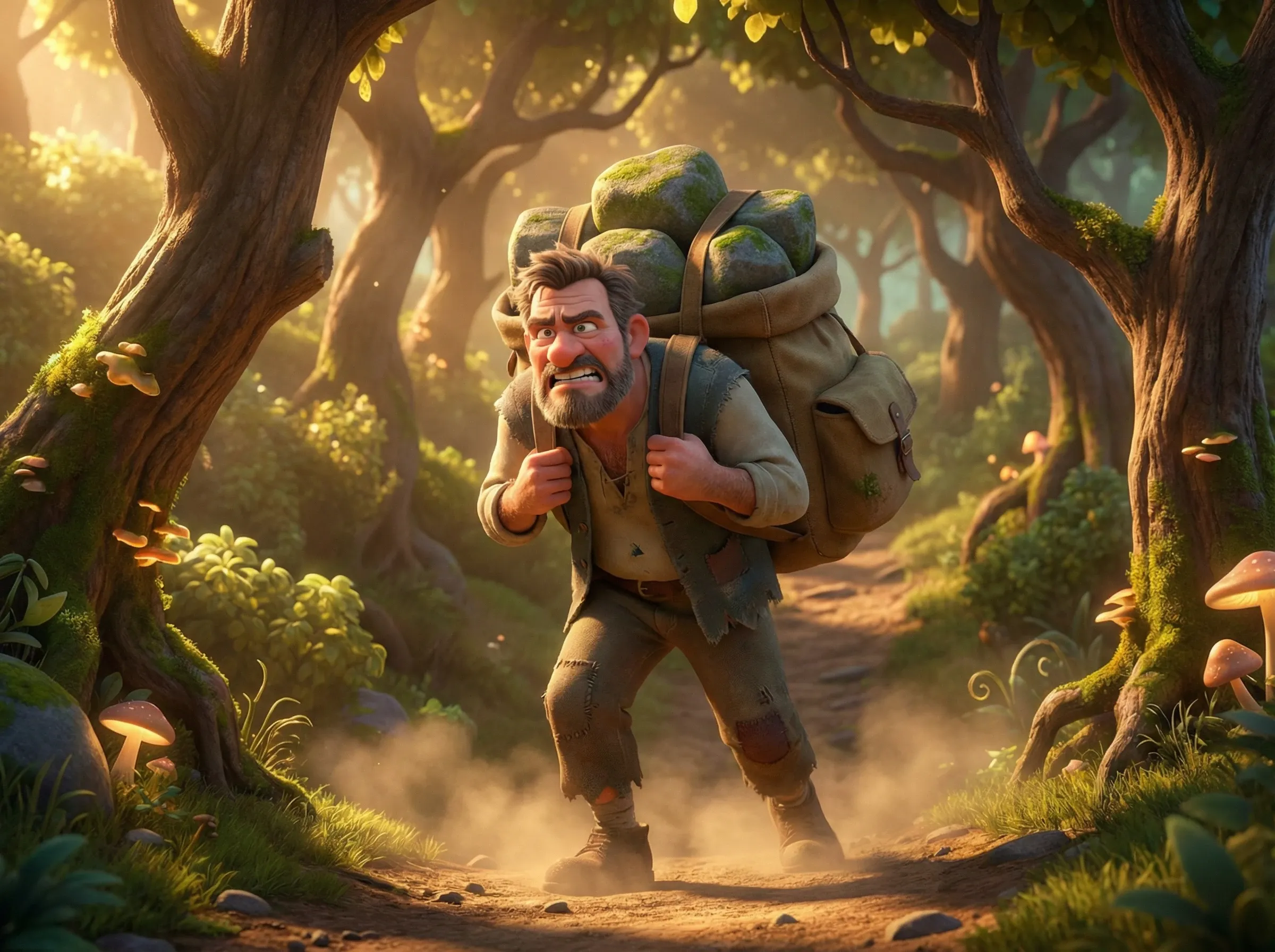 Homme avec sac à dos lourd, chemin de terre
