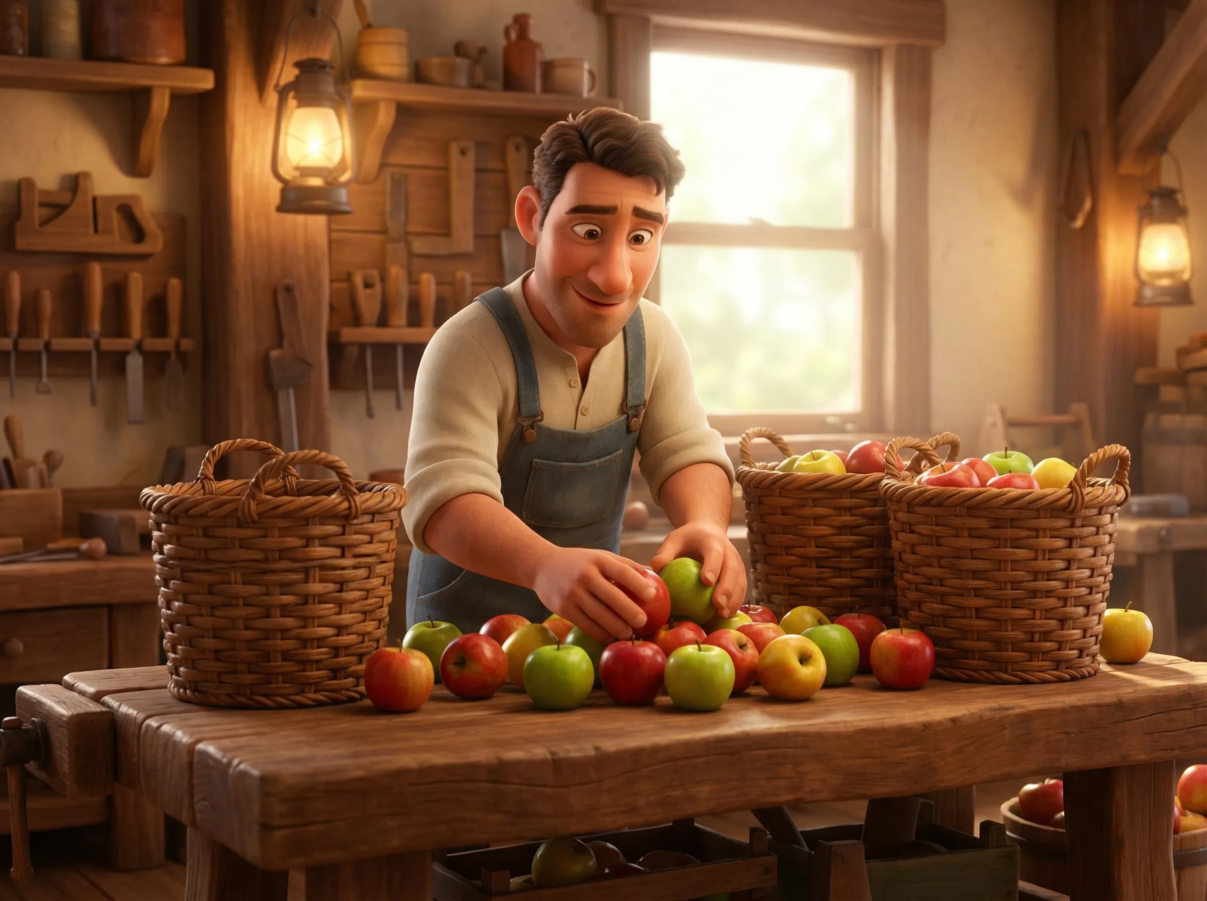 Artisan triant des pommes par couleur sur établi en bois.