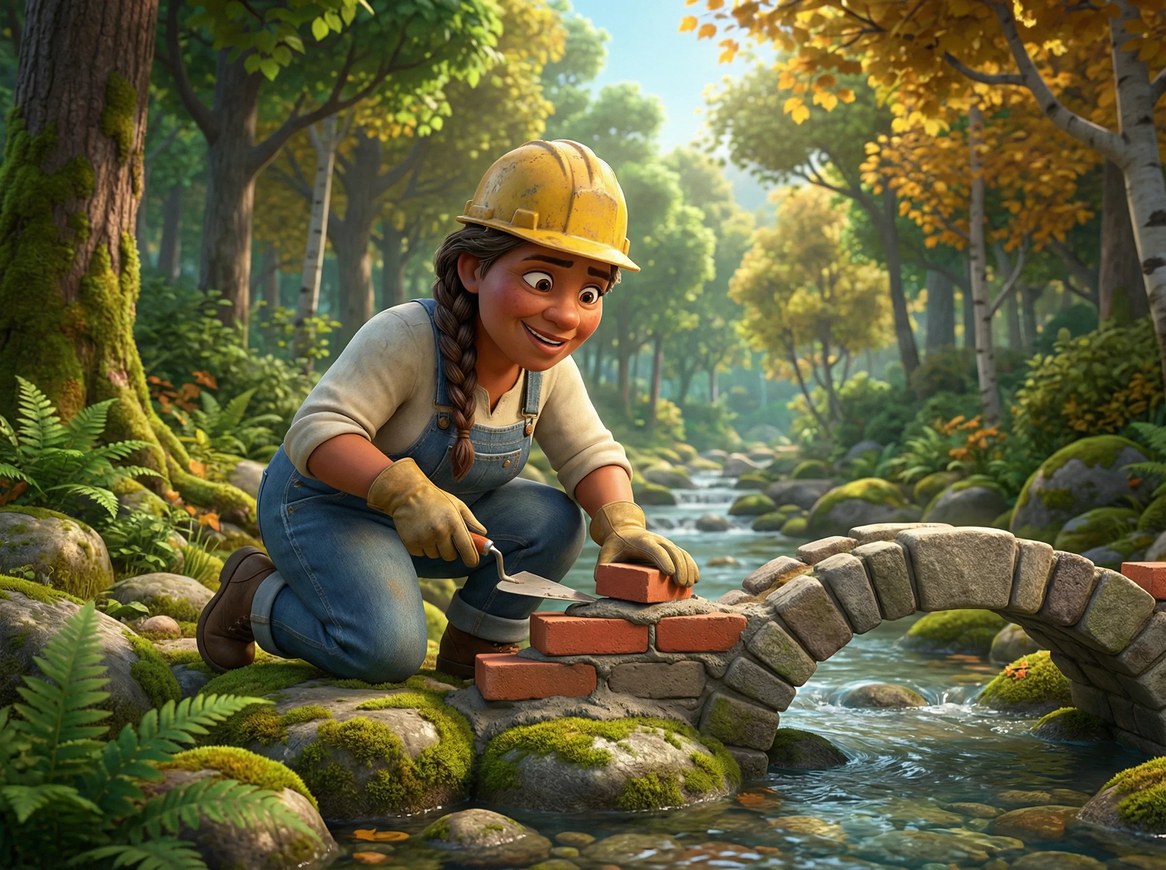 Maçonne bâtissant un pont en rivière