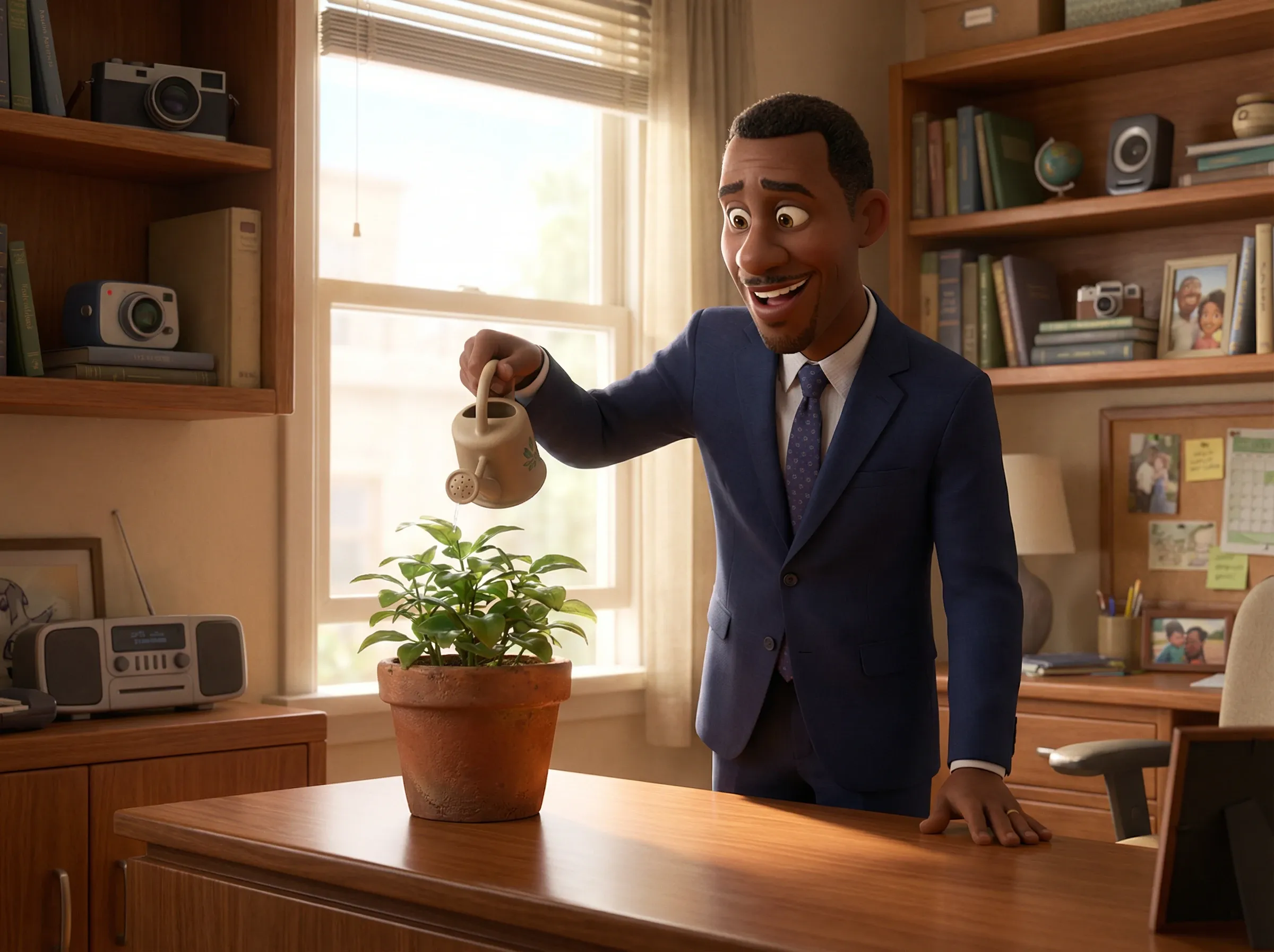 Homme arrosant une plante avec un sourire satisfait