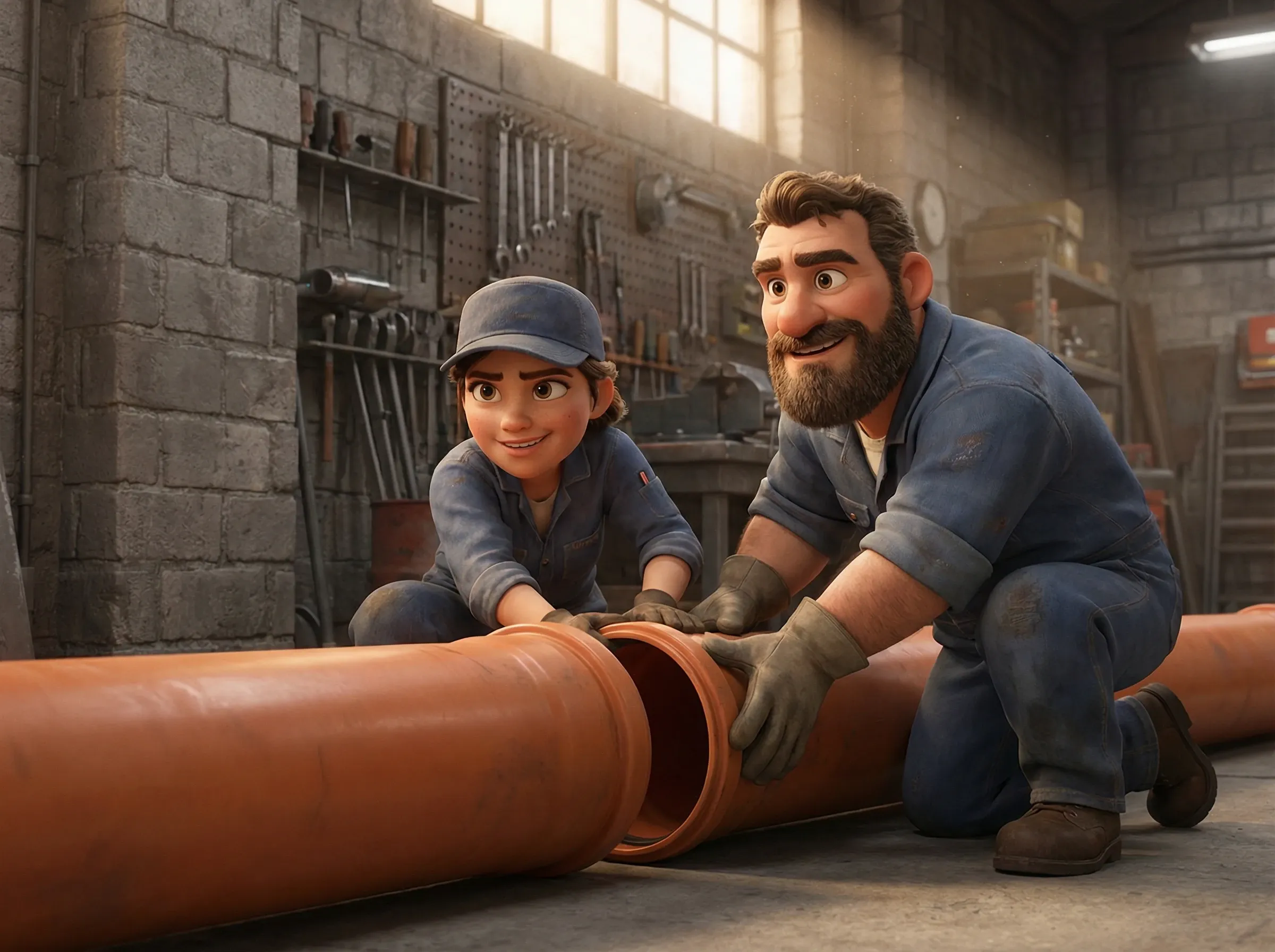 Ouvriers montant des tuyaux plastiques en atelier