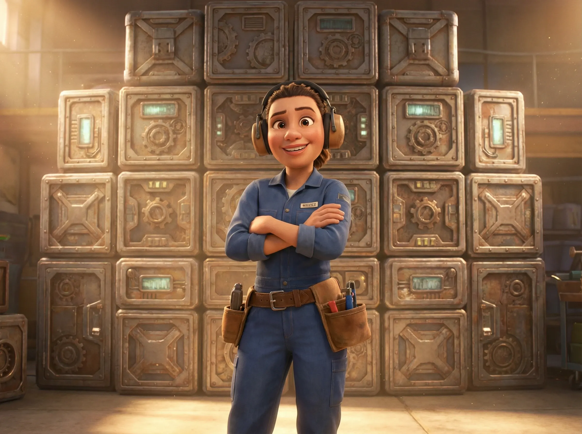 Ingénieure souriante satisfaite devant son rangement parfait