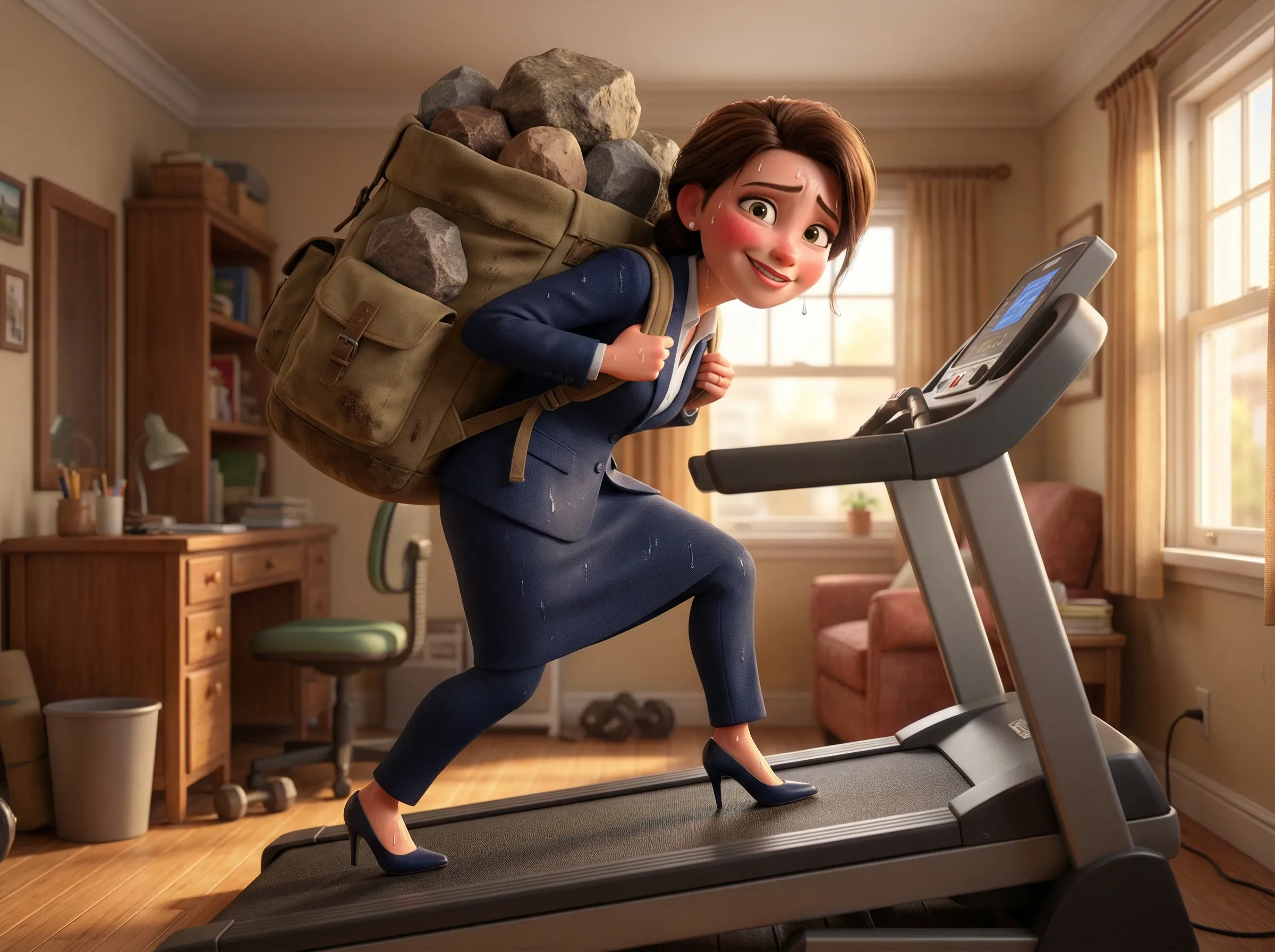 Effort intense: femme et sac lourd sur tapis roulant