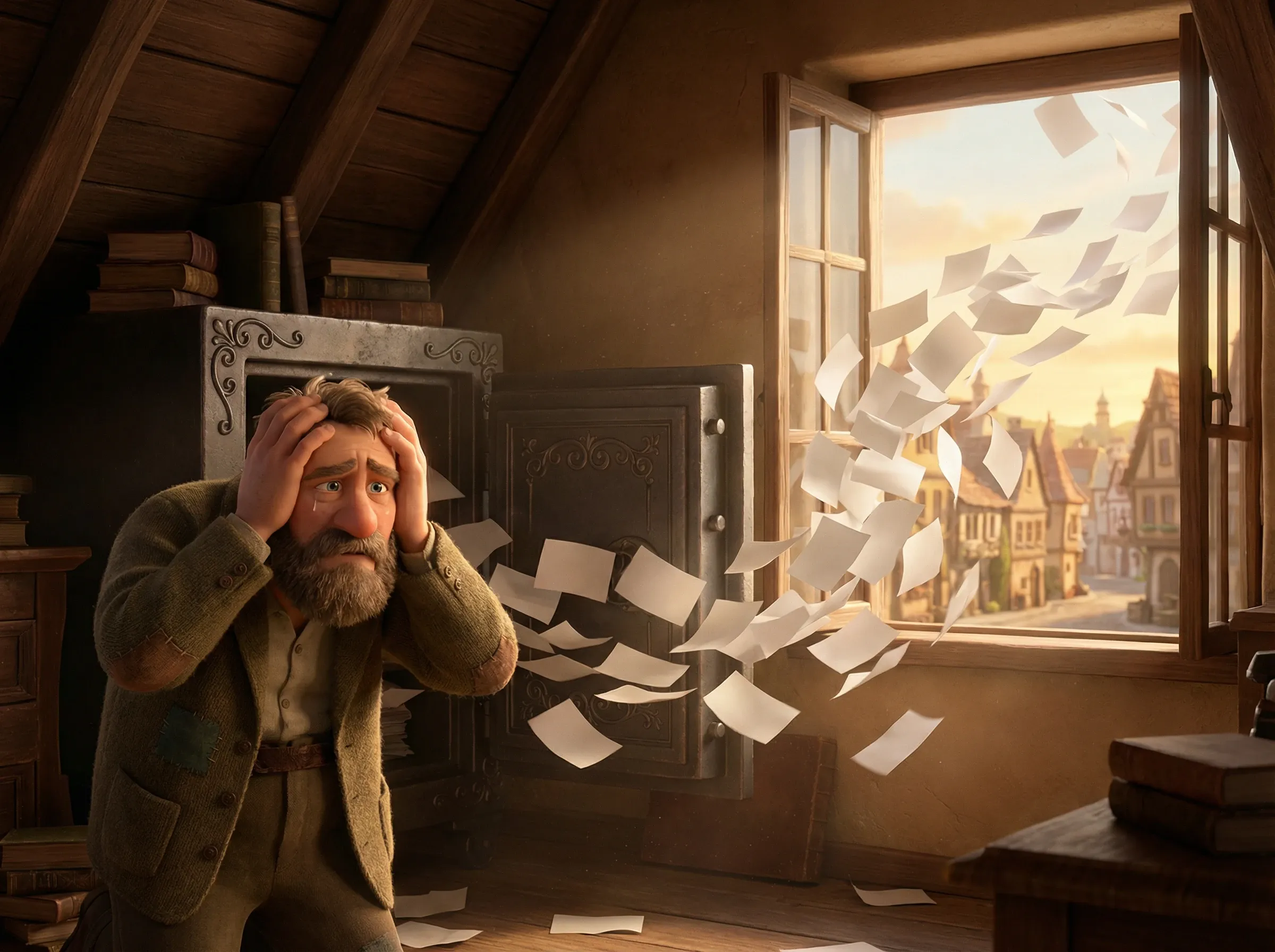 Homme désespéré face à un coffre-fort vide