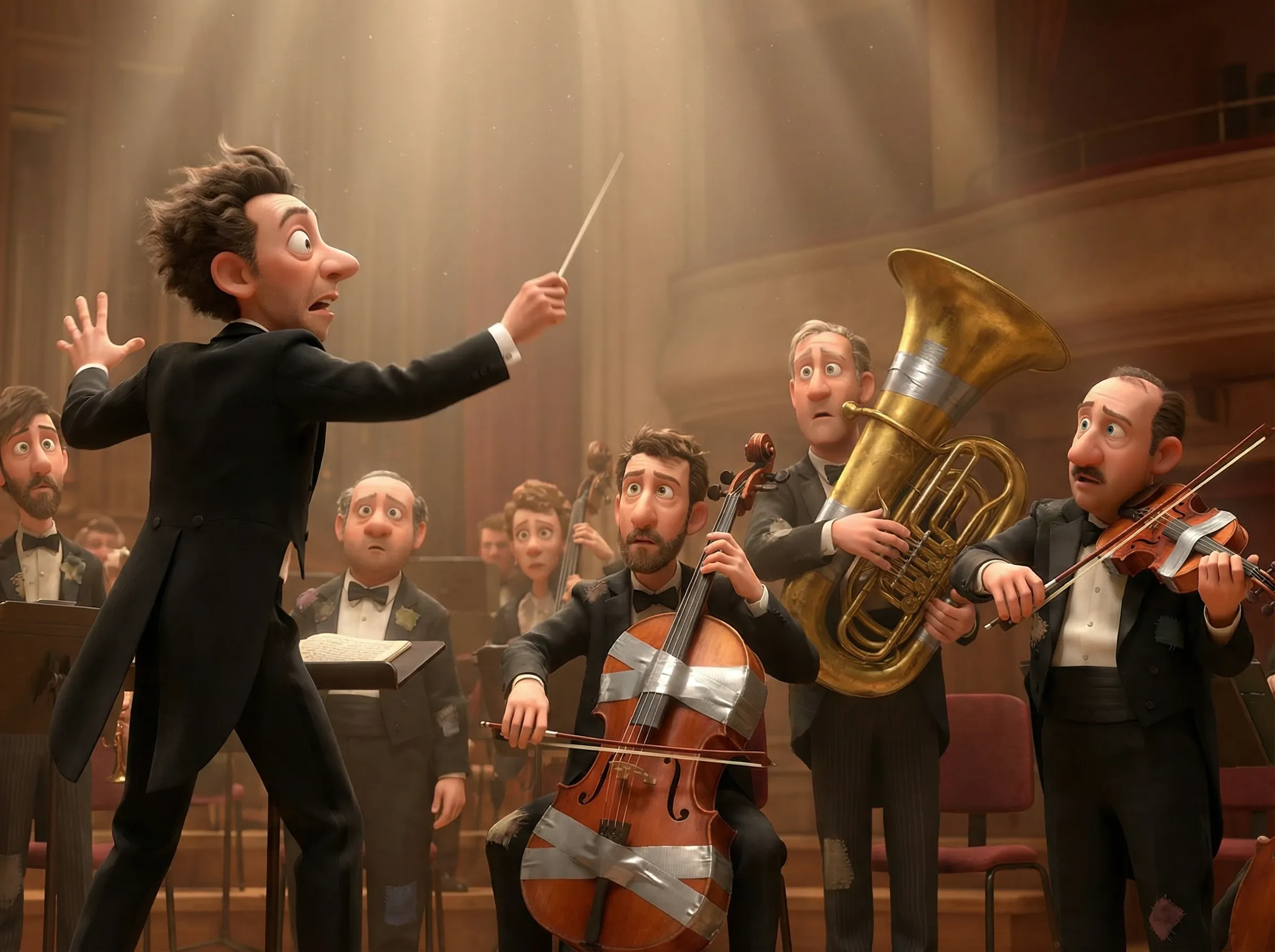 Chef dépassé dirige orchestre désaccordé et bricolé