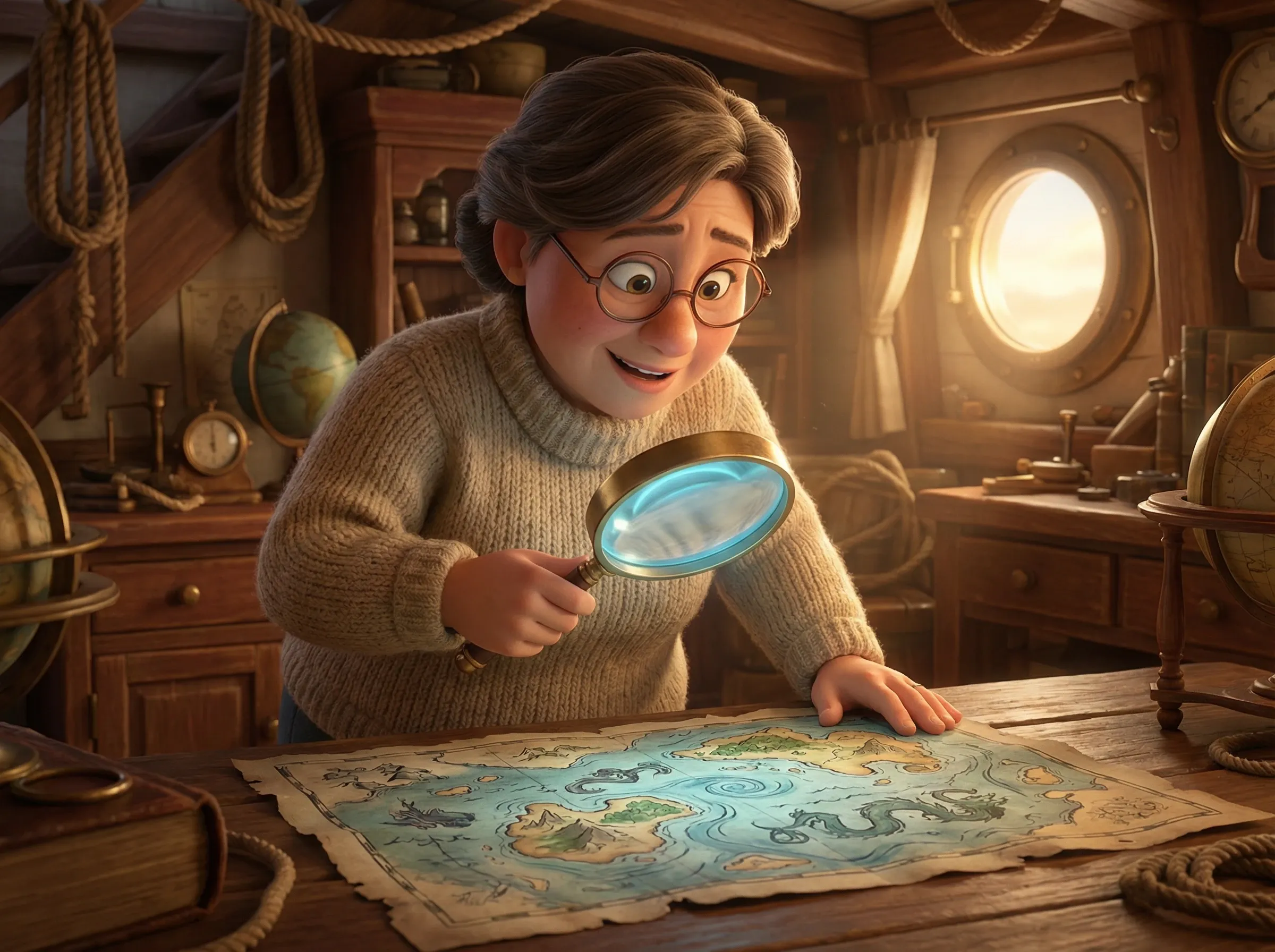 Exploration de carte marine à la loupe lumineuse