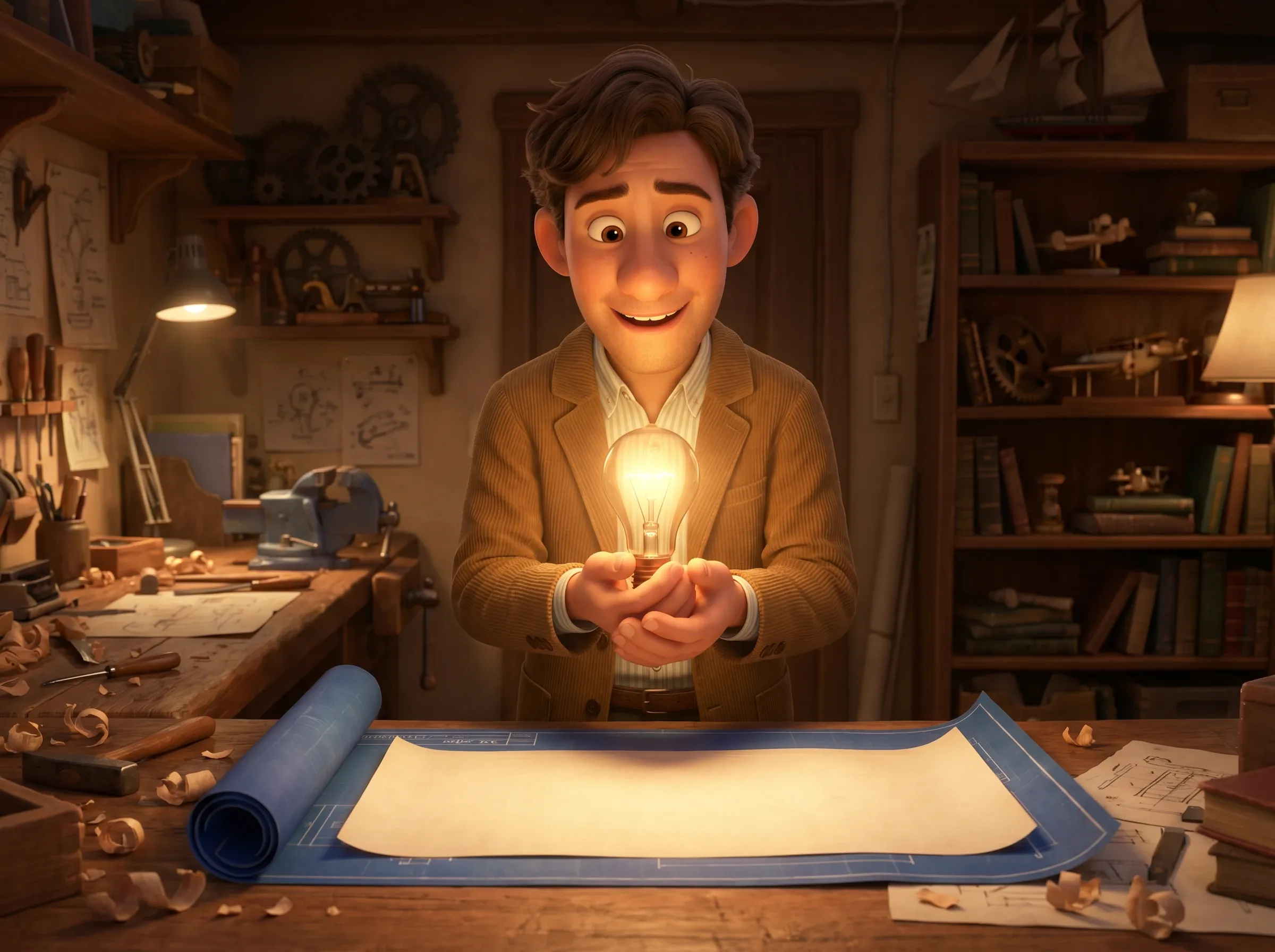 Homme tenant une ampoule au-dessus d'un plan