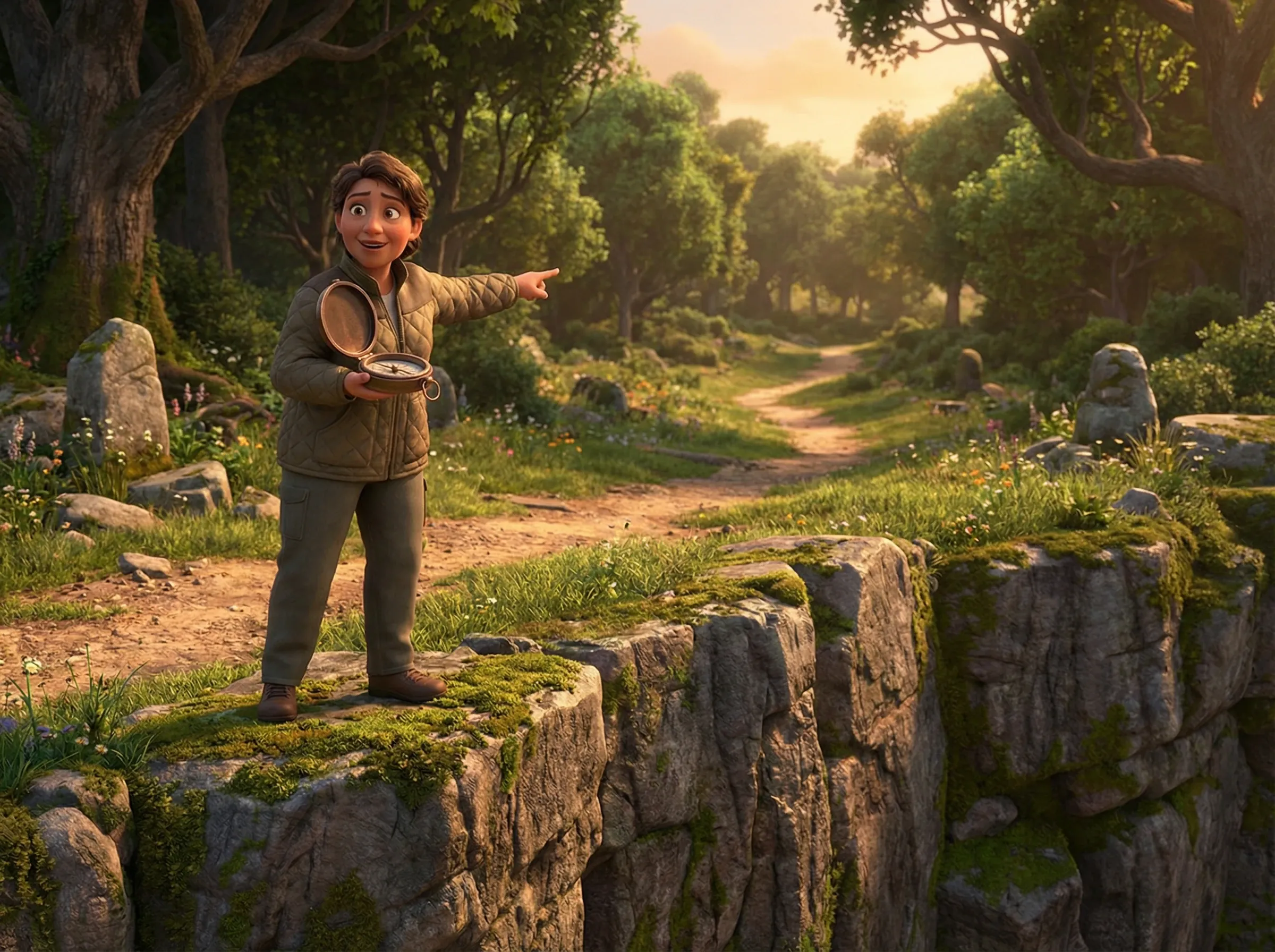 Femme exploratrice avec boussole face à un chemin clair