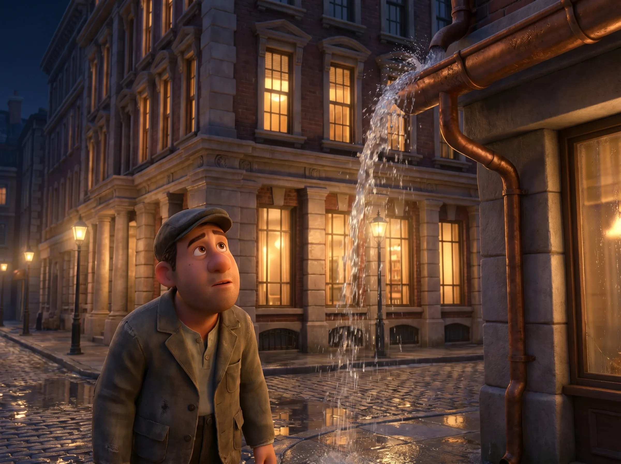 Homme observant une fuite d'eau la nuit