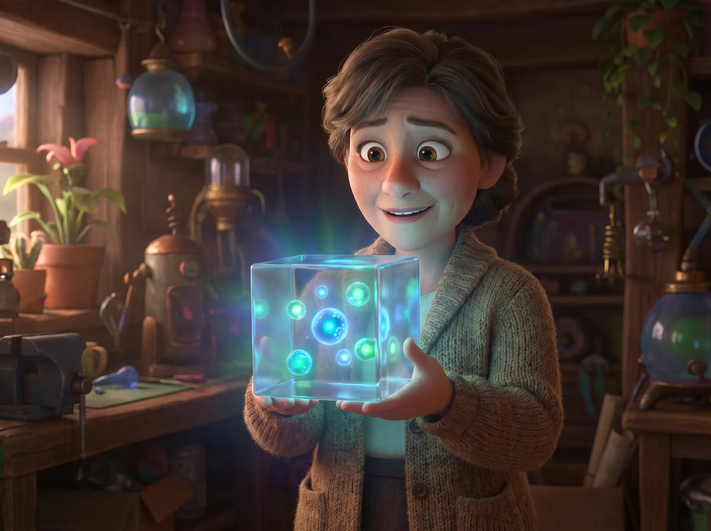 Femme avec boîte lumineuse, sphères bleues et vertes