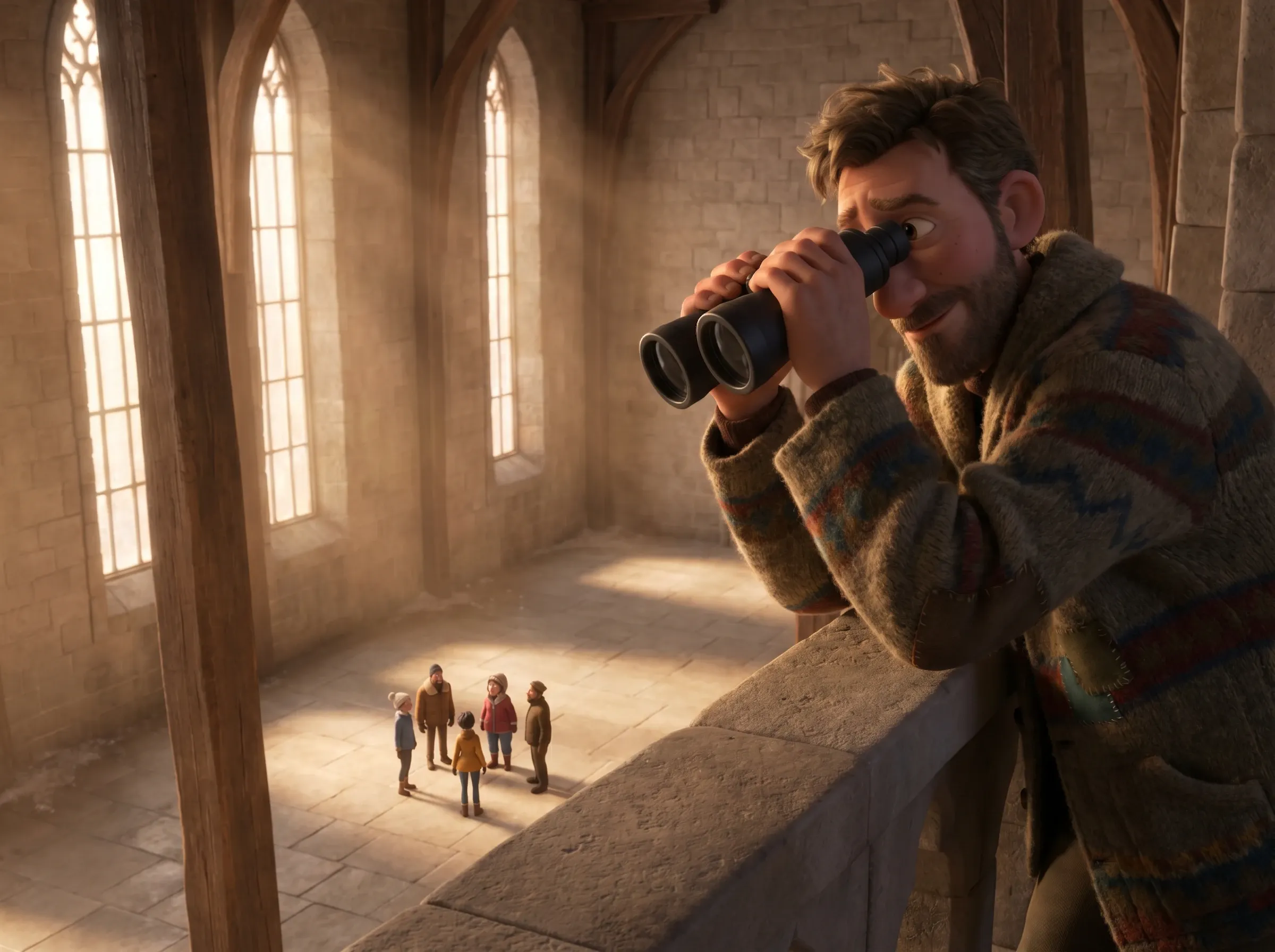 Observateur avec jumelles dans pièce vide