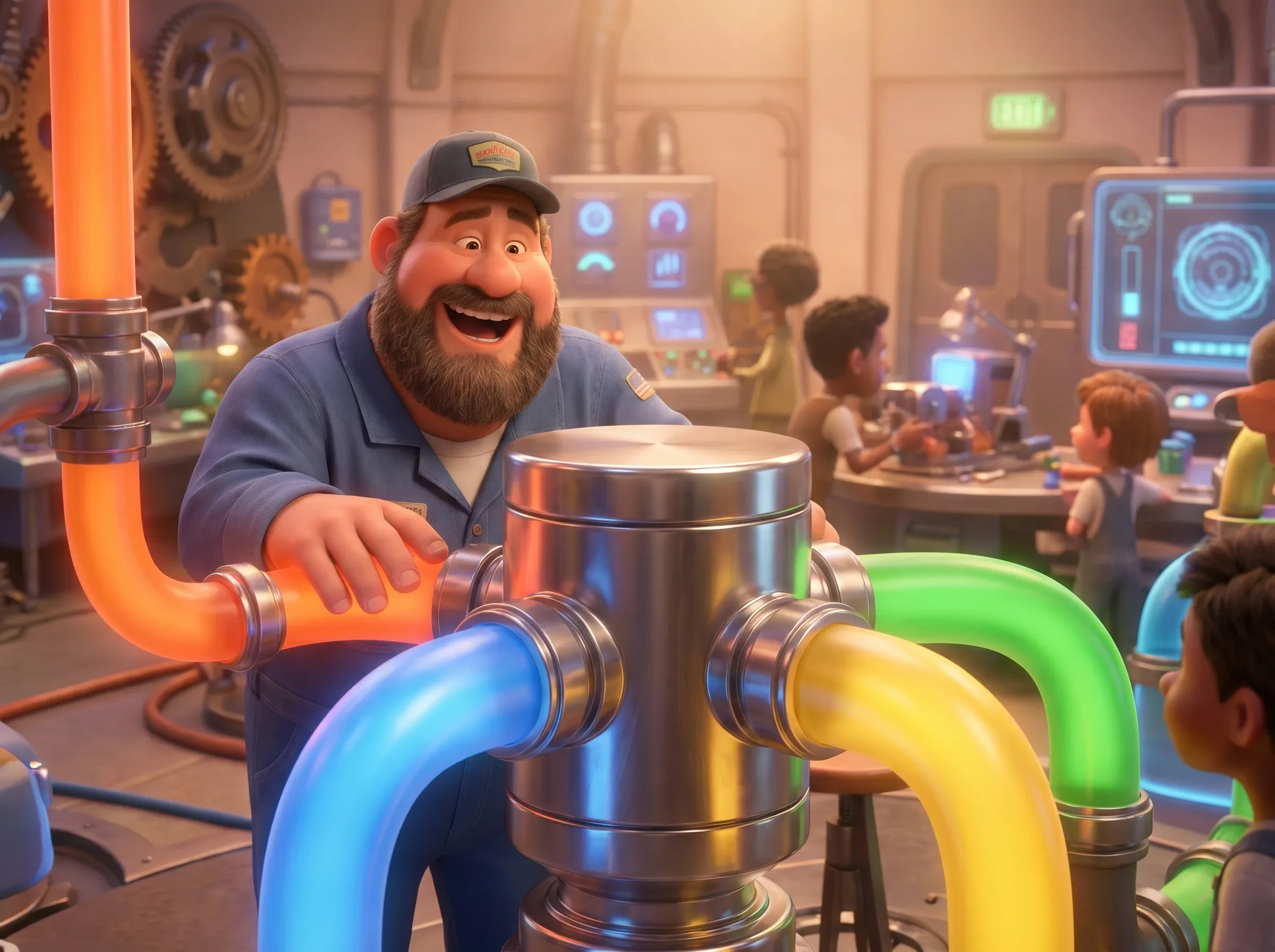 Tuyaux colorés vers cylindre central: centralisation