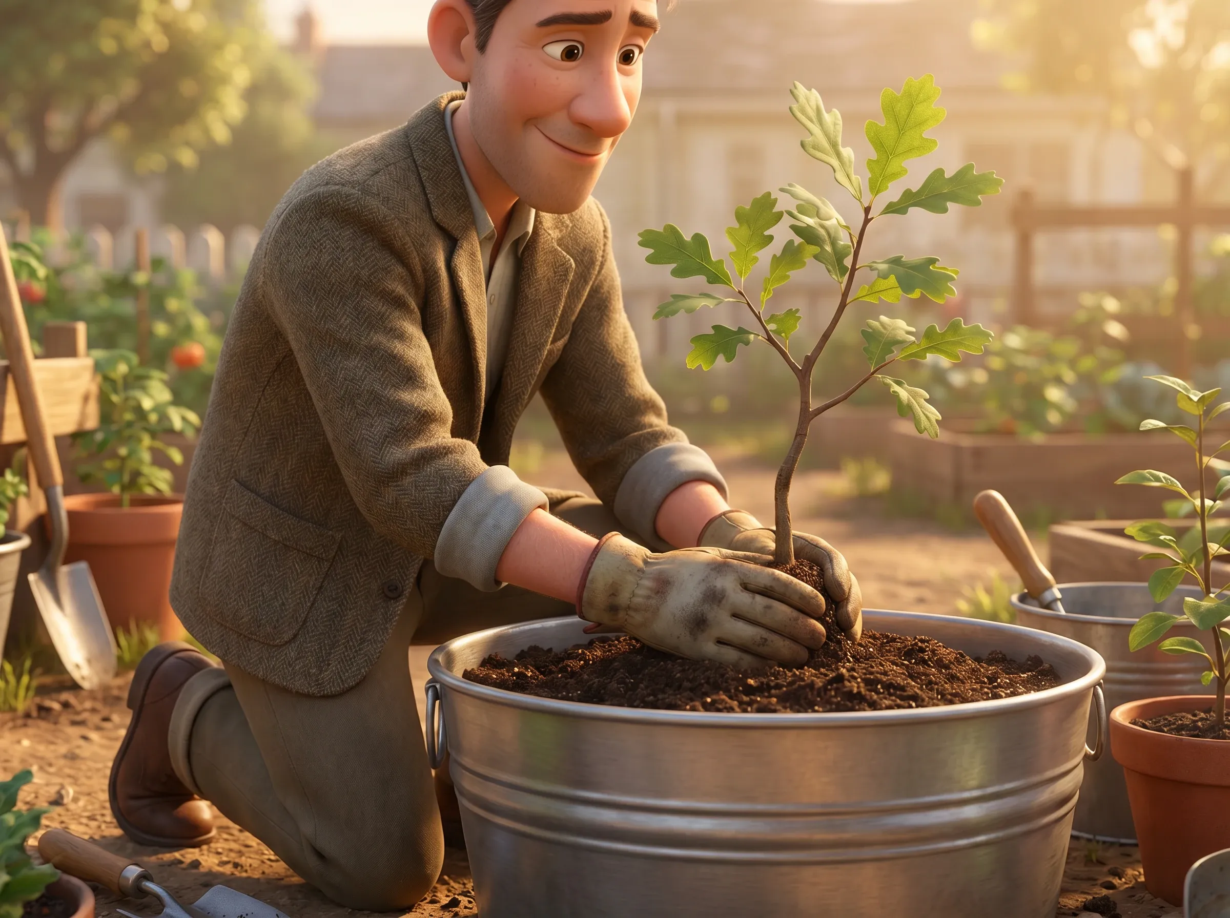 Plantation d'un jeune arbre en pot