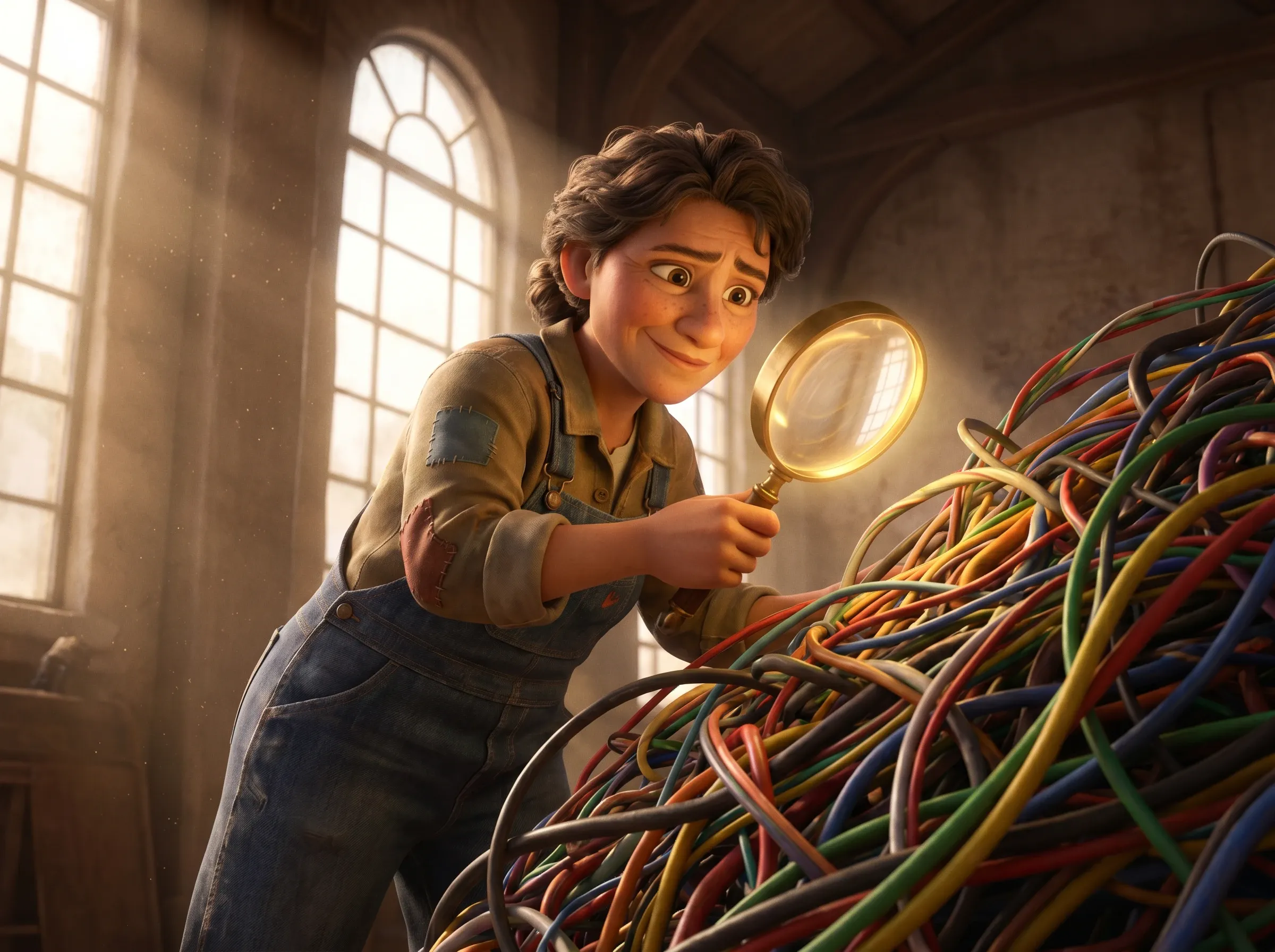 Audit de câbles: femme avec loupe lumineuse