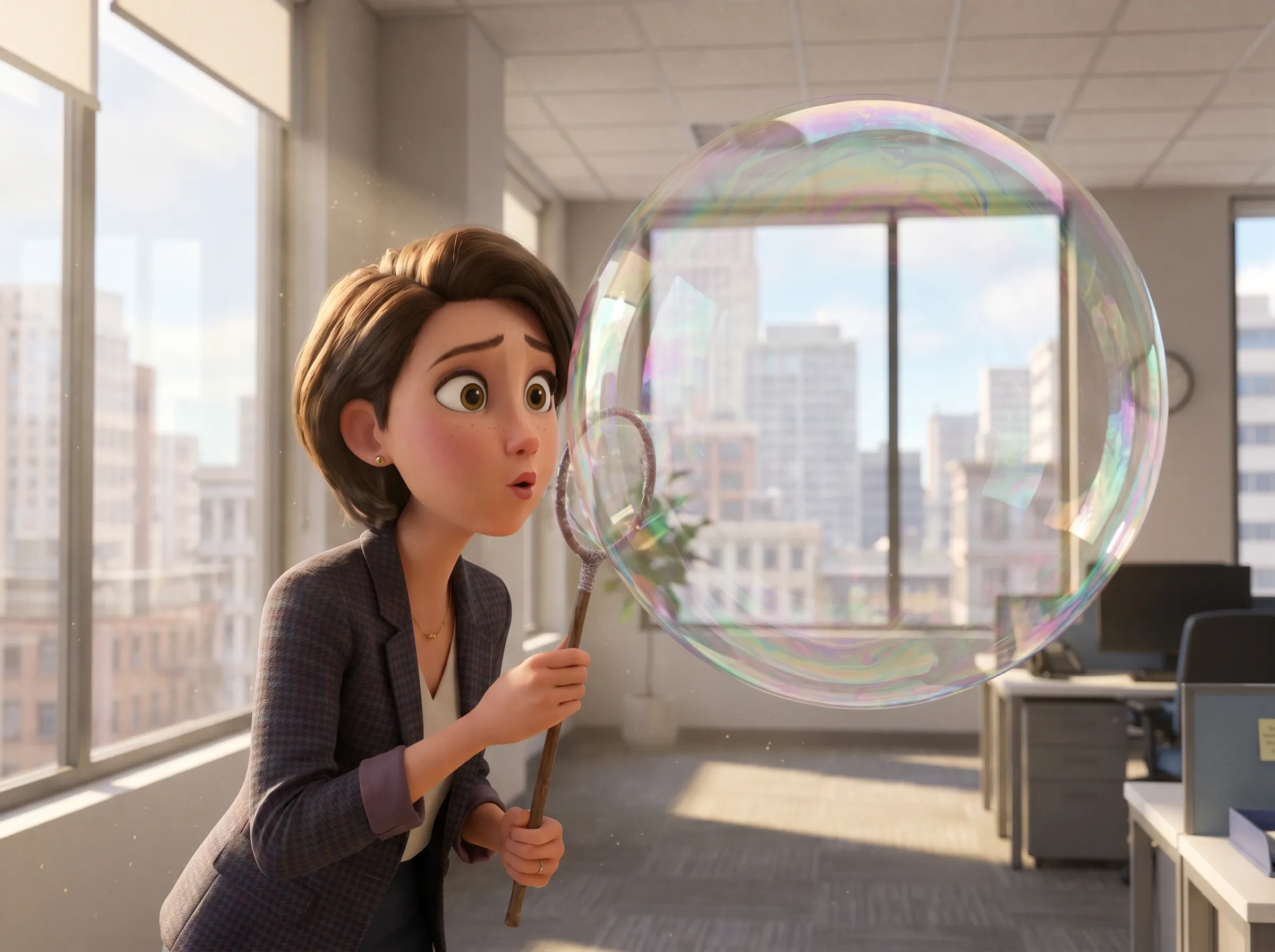 Femme soufflant une bulle géante, reflet, bureau moderne