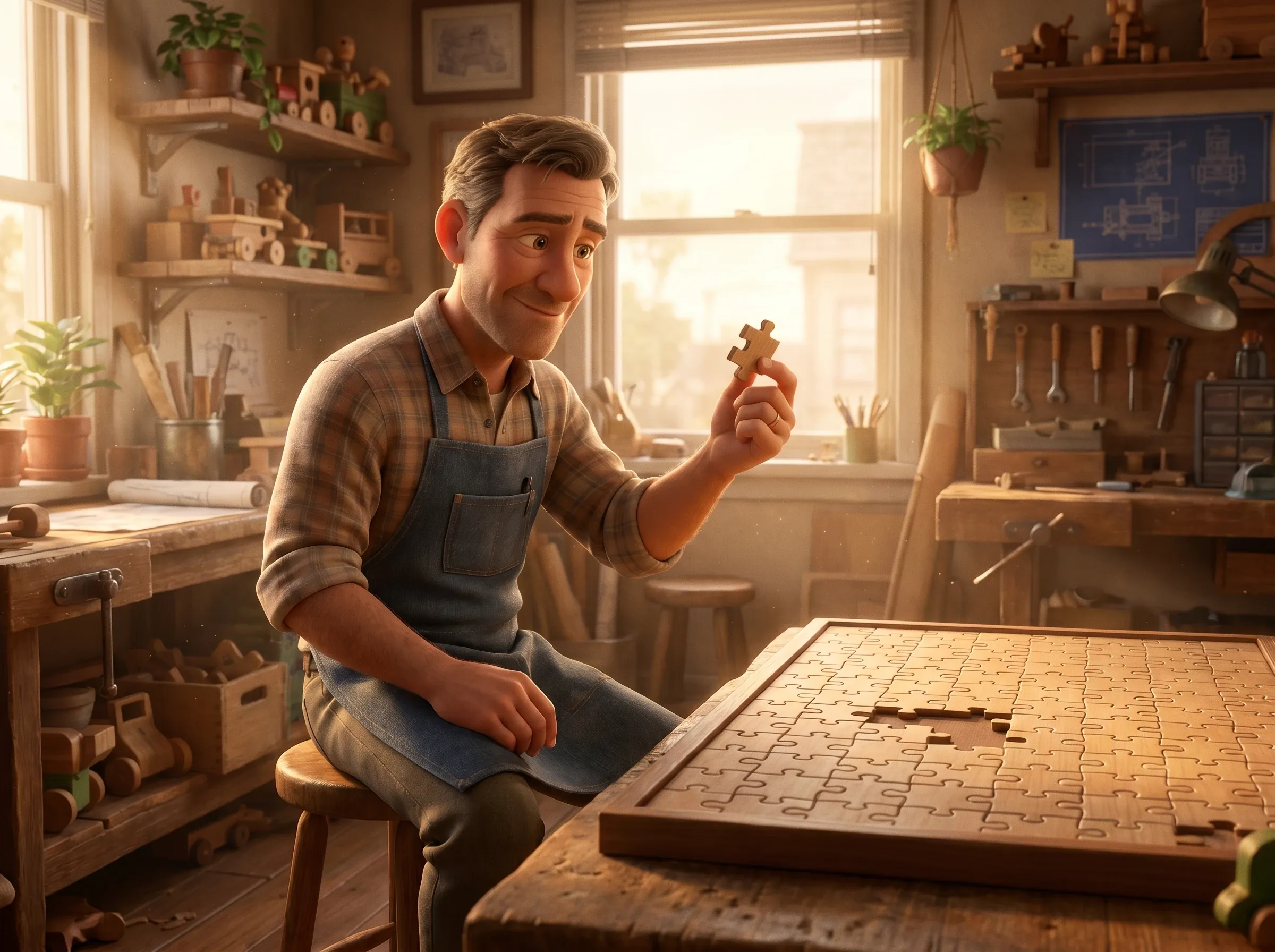 Homme assemblant un puzzle géant, visage concentré