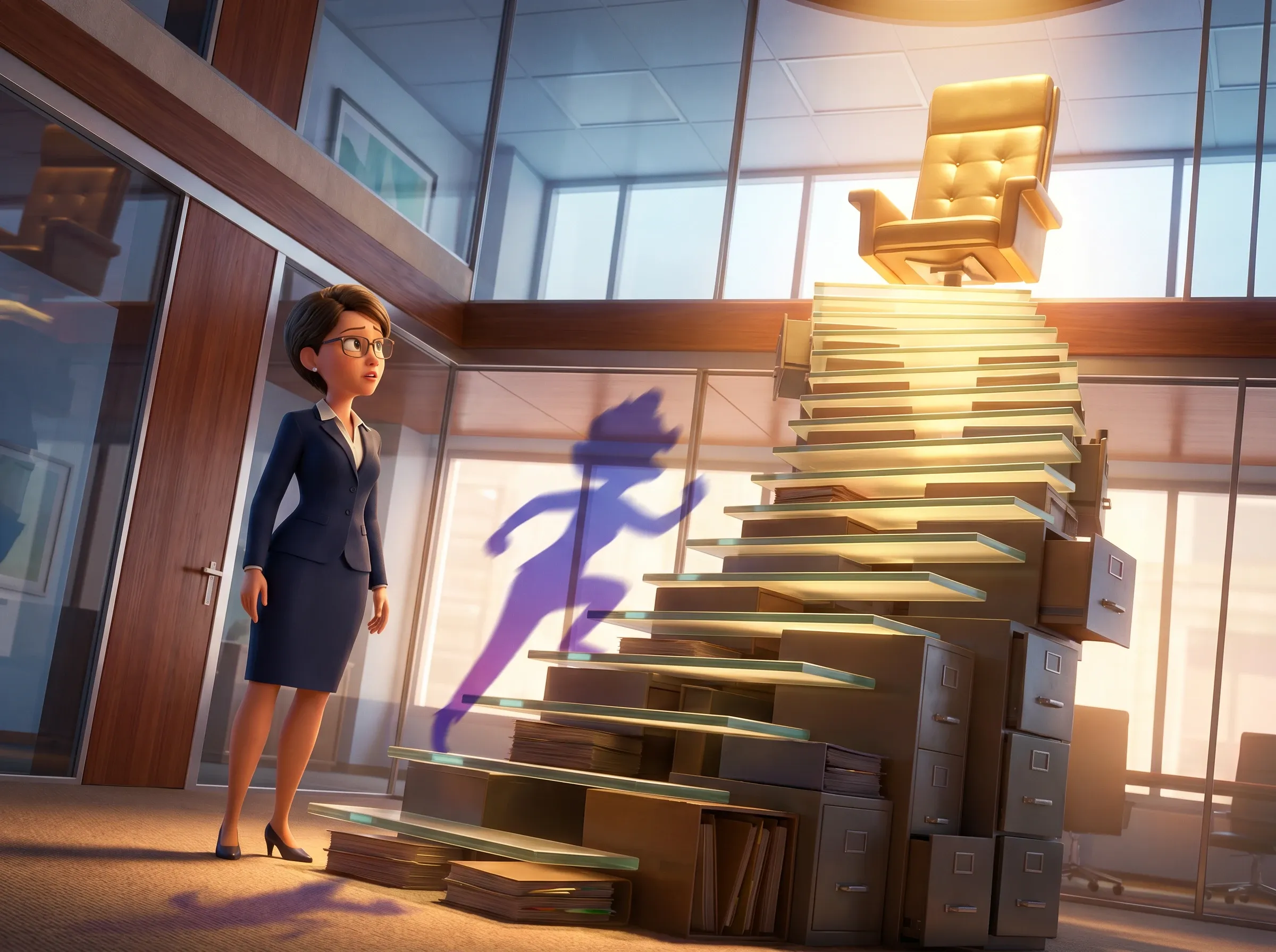 Femme devant un escalier infranchissable, ombre menaçante