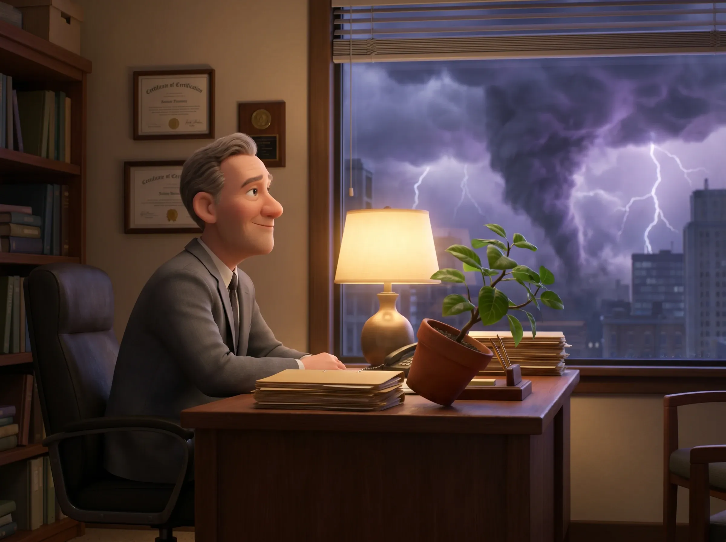 Homme au bureau serein face à l'orage menaçant