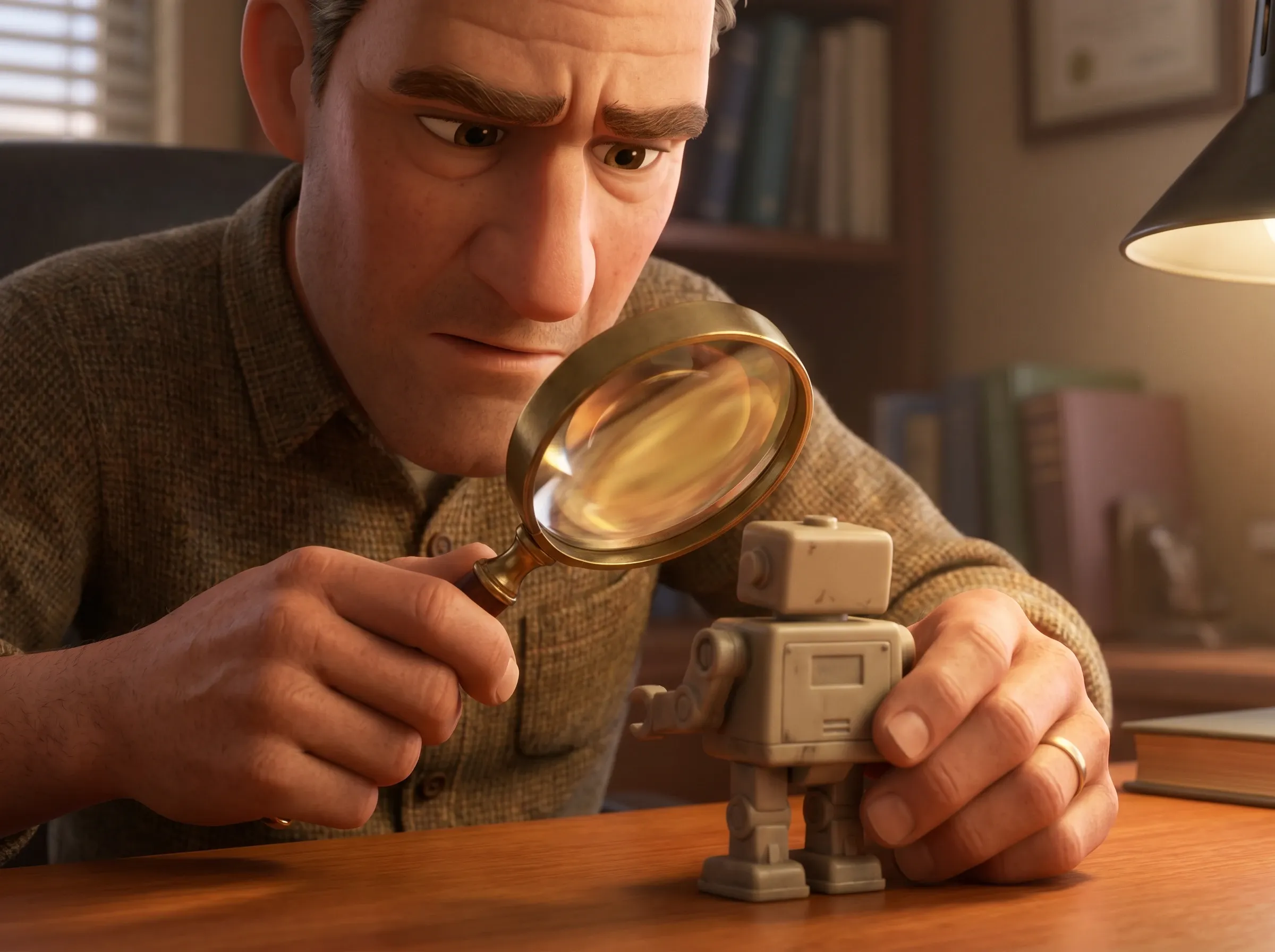 Examen minutieux d'un robot jouet à la loupe