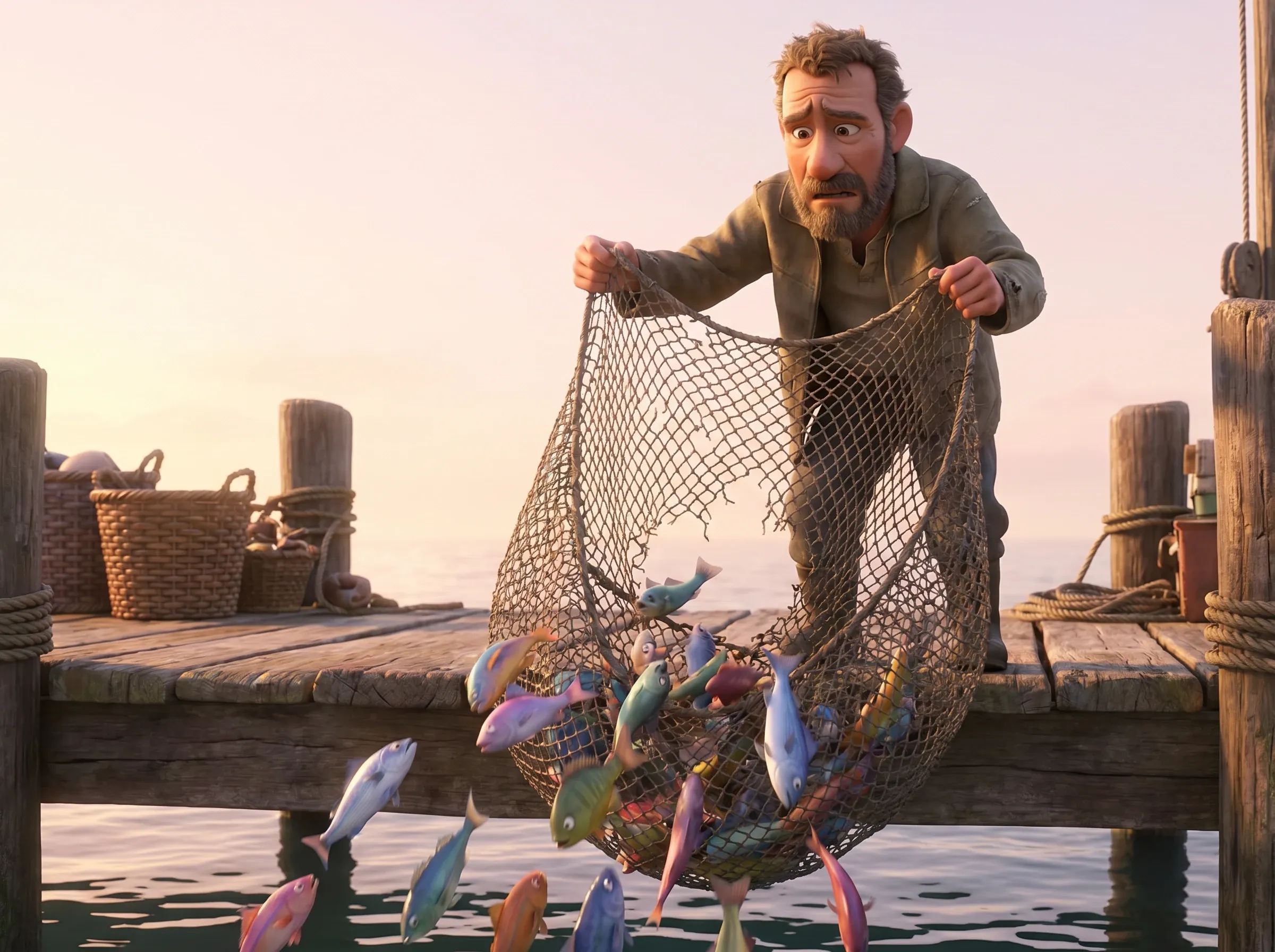 Pêcheur inquiet : filet cassé, poissons s'échappent