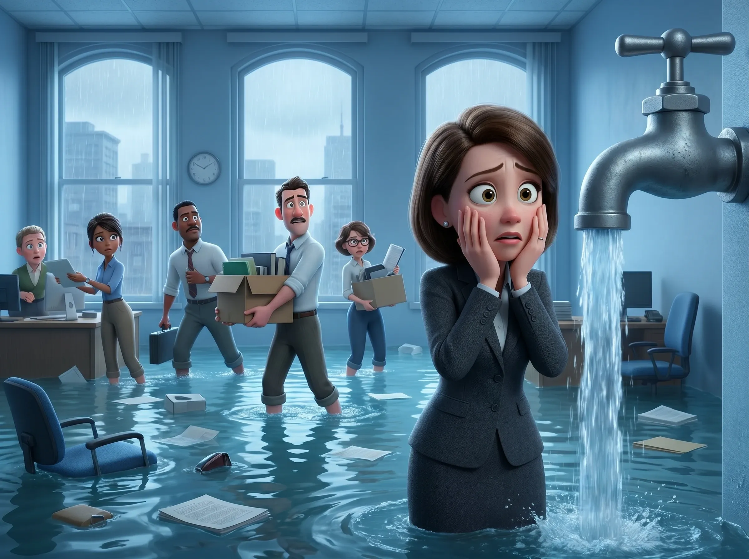 Bureau inondé, fuite industrielle, collègues paniqués