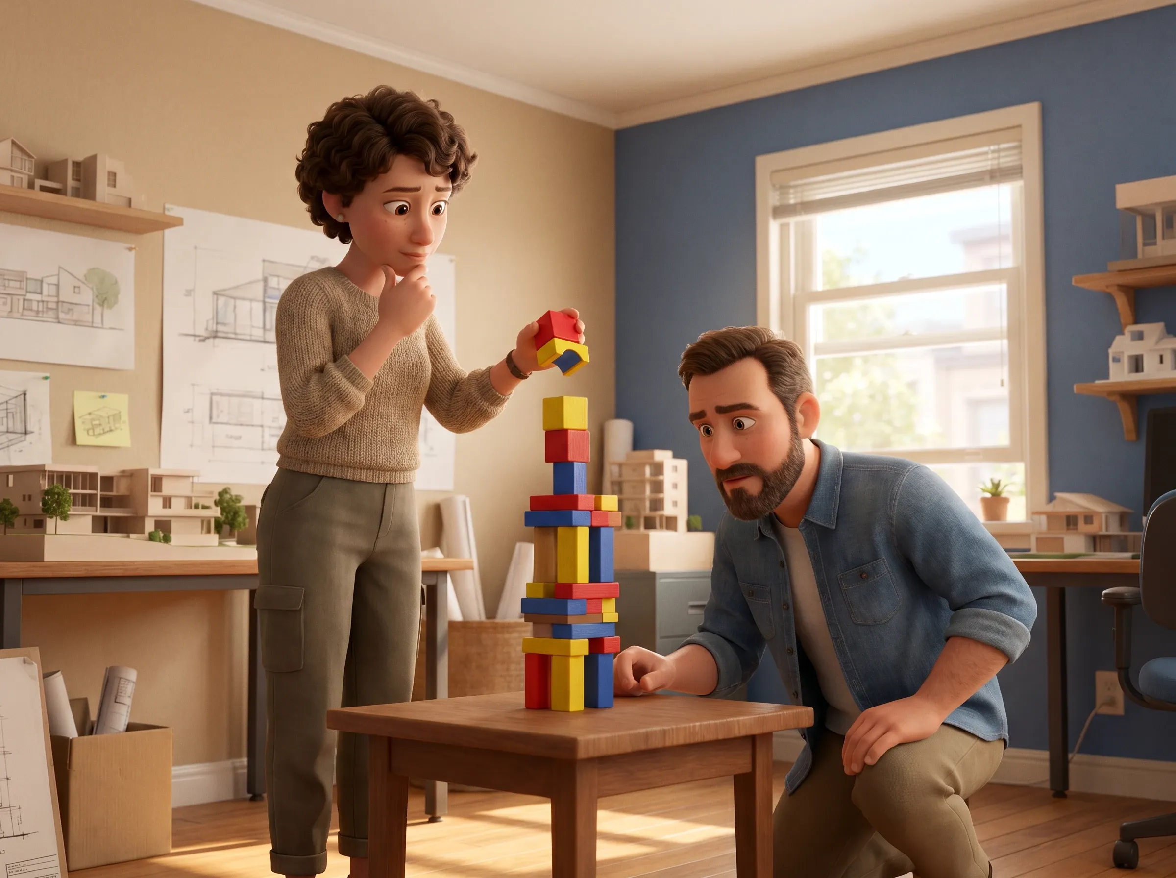 Architecte construisant tour de blocs colorés