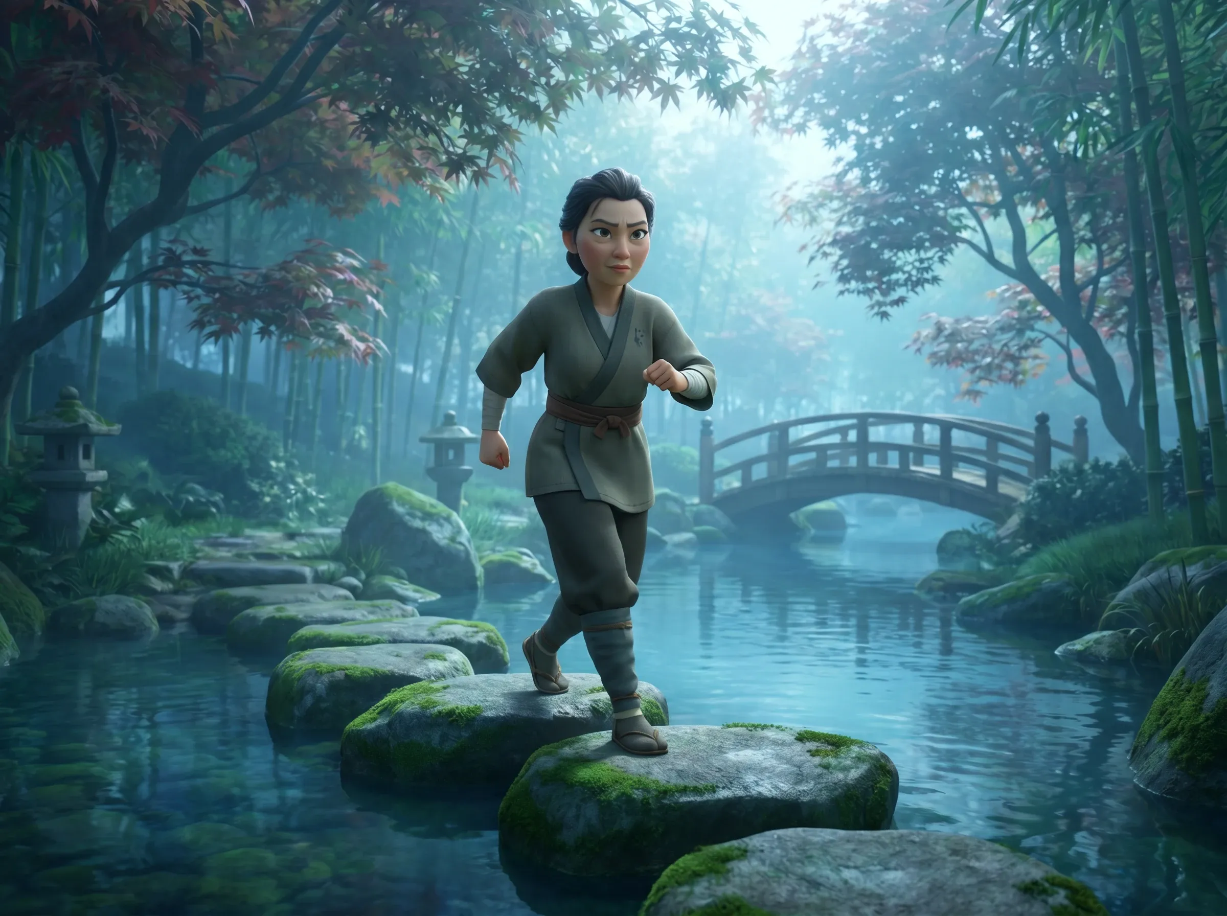 Franchir des pierres sur l'eau dans un jardin zen