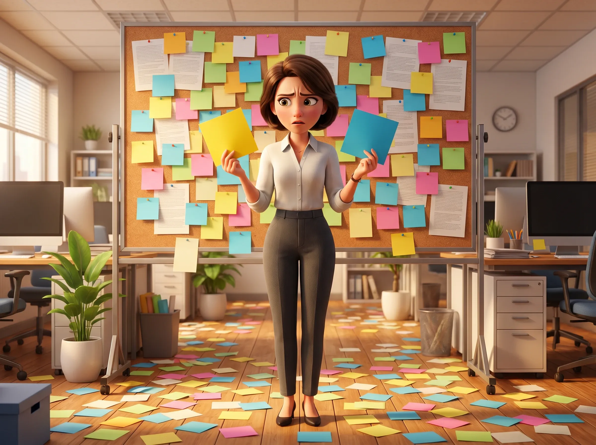 Femme perplexe devant un tableau de post-its désordonné