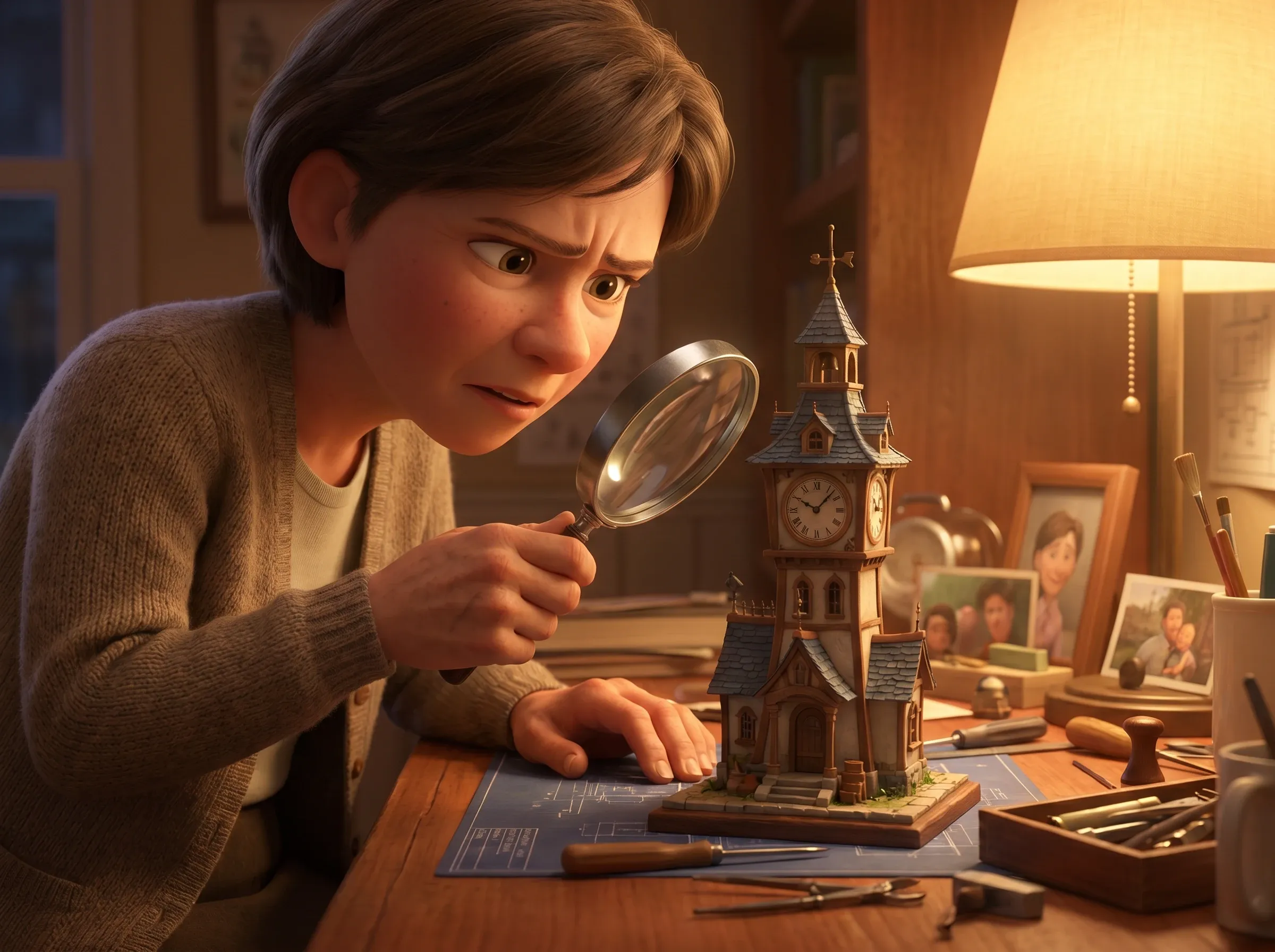 Femme architecte inspectant maquette avec loupe.