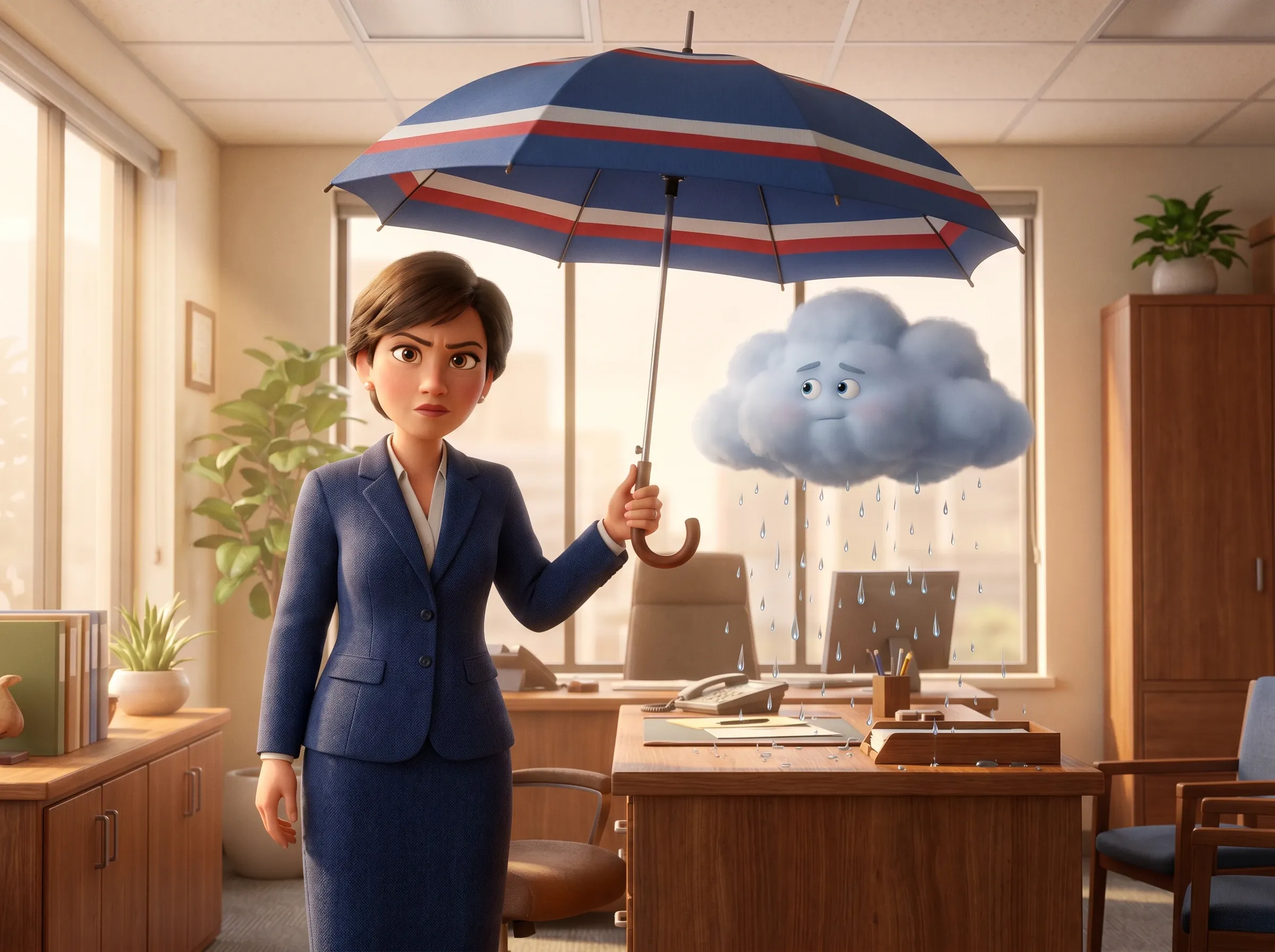 Femme avec parapluie tricolore protégeant son bureau