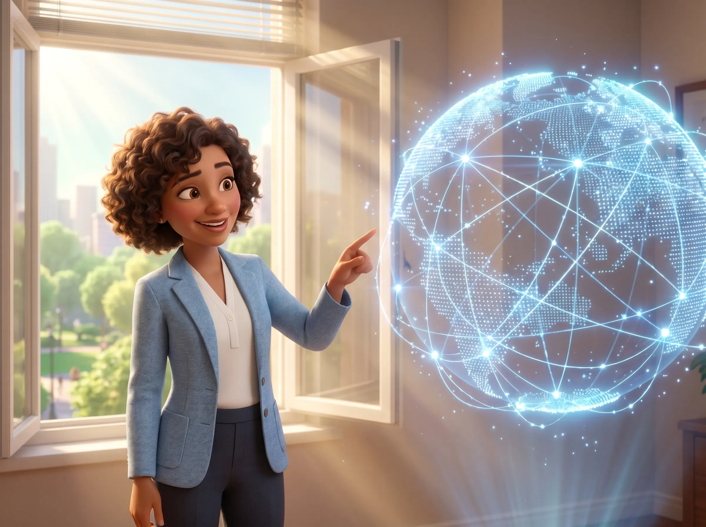 Femme connectant points sur carte du monde lumineuse