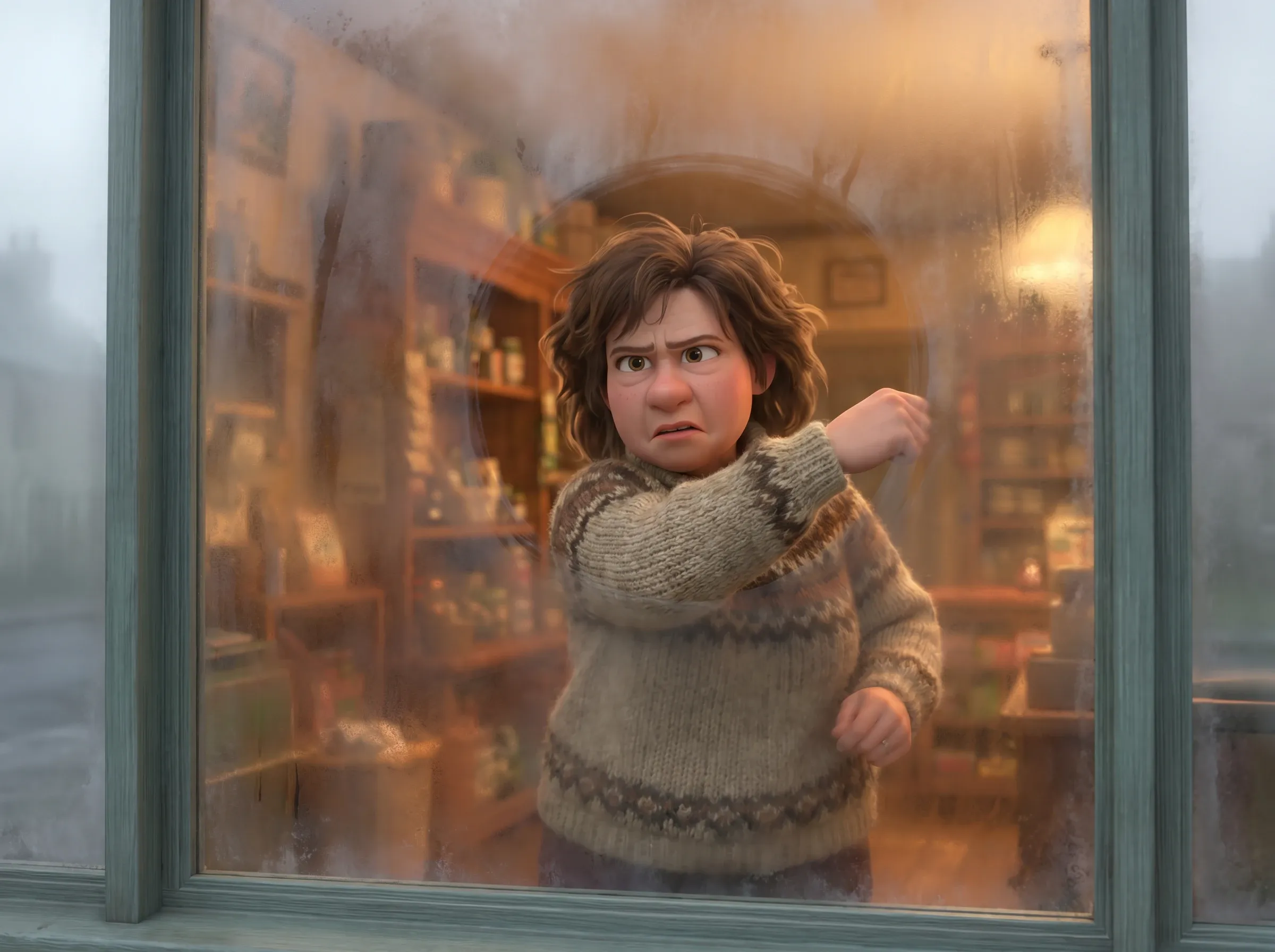 Vitrine embuée, femme tente de nettoyer, magasin flou