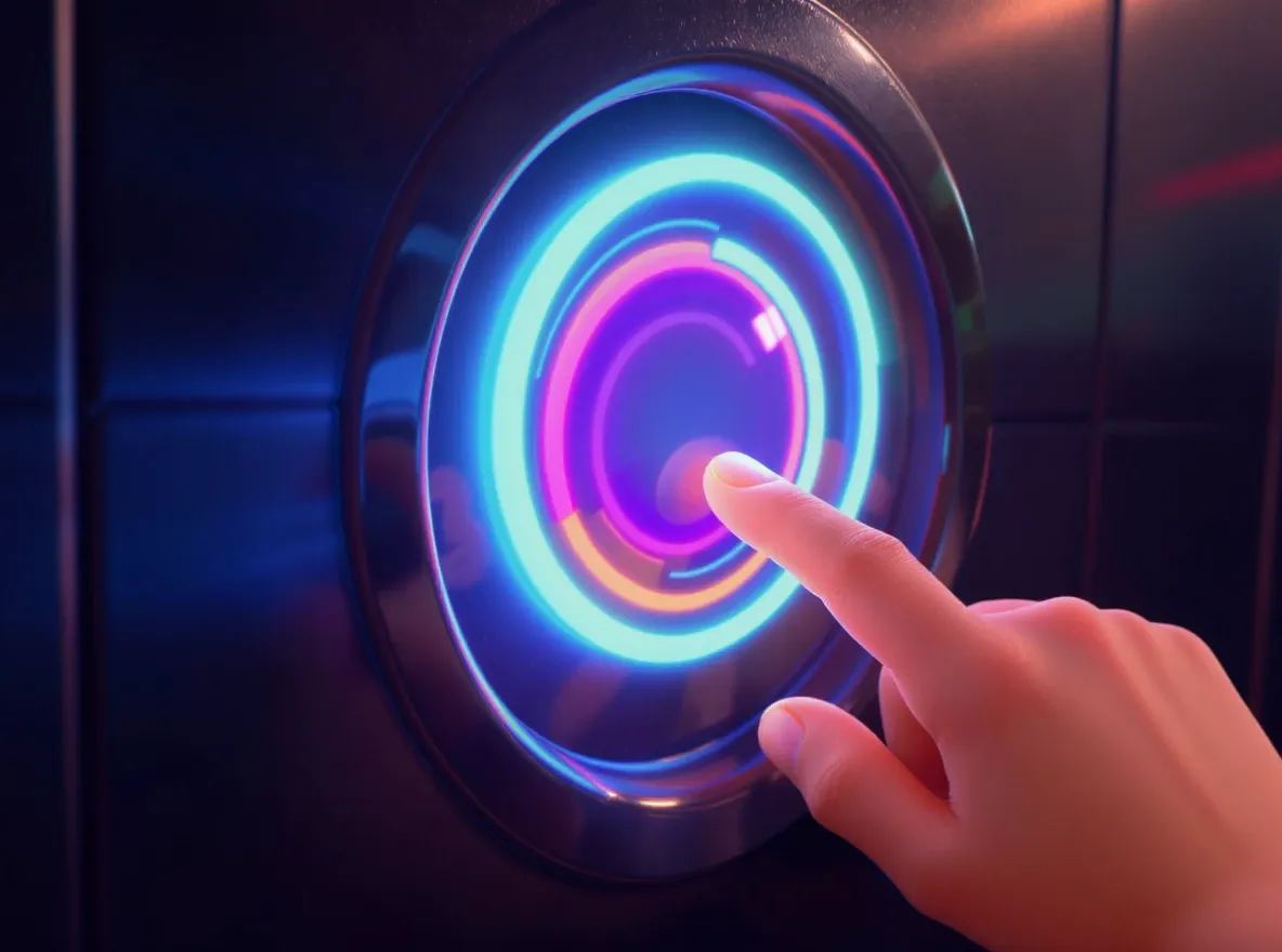 Main Pixar hésitante devant bouton lumineux