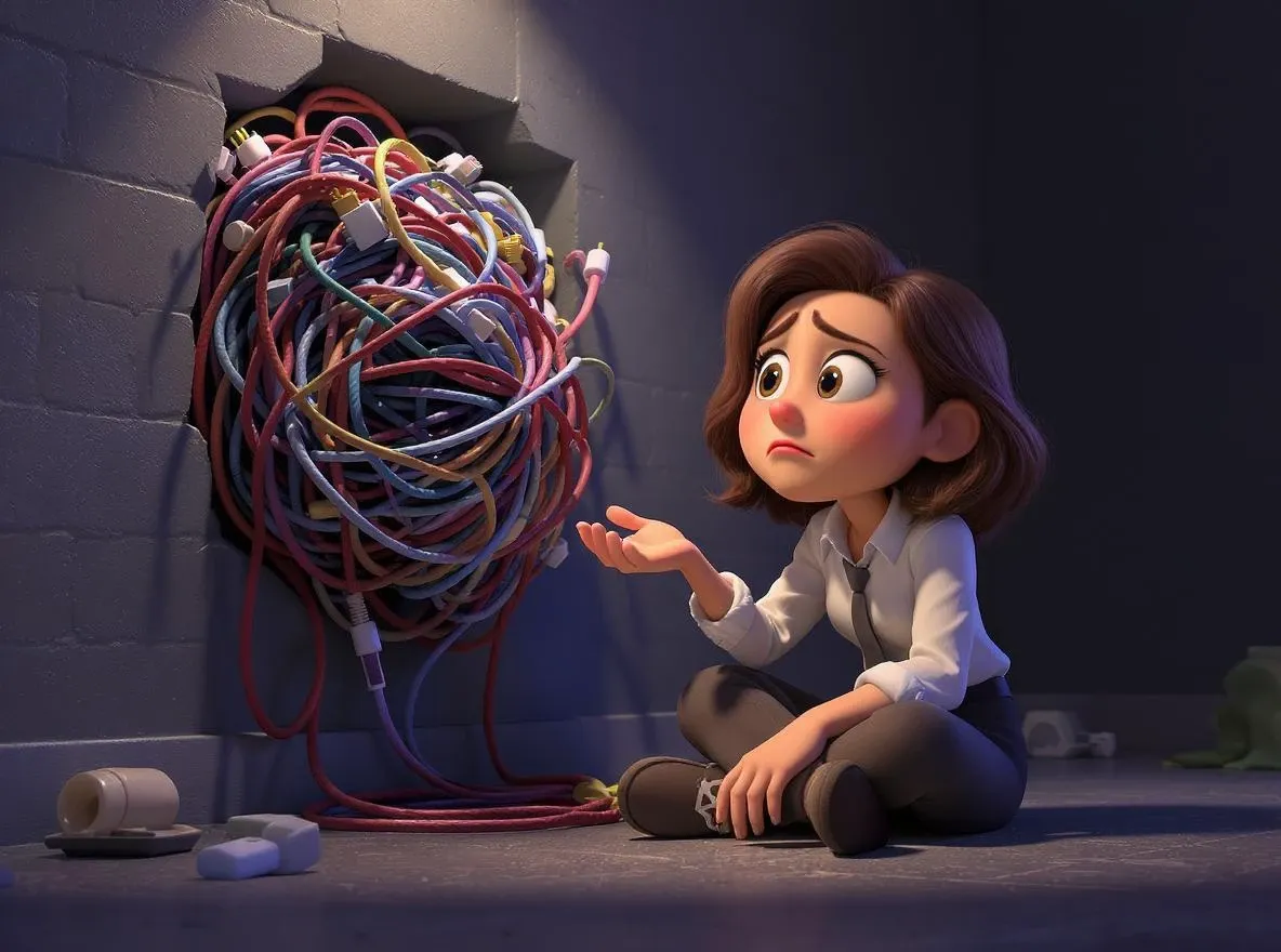 Une entrepreneuse, avec une expression de pure frustration, est assise par terre devant un mur d'où sort une énorme et inextricable boule de câbles multicolores.