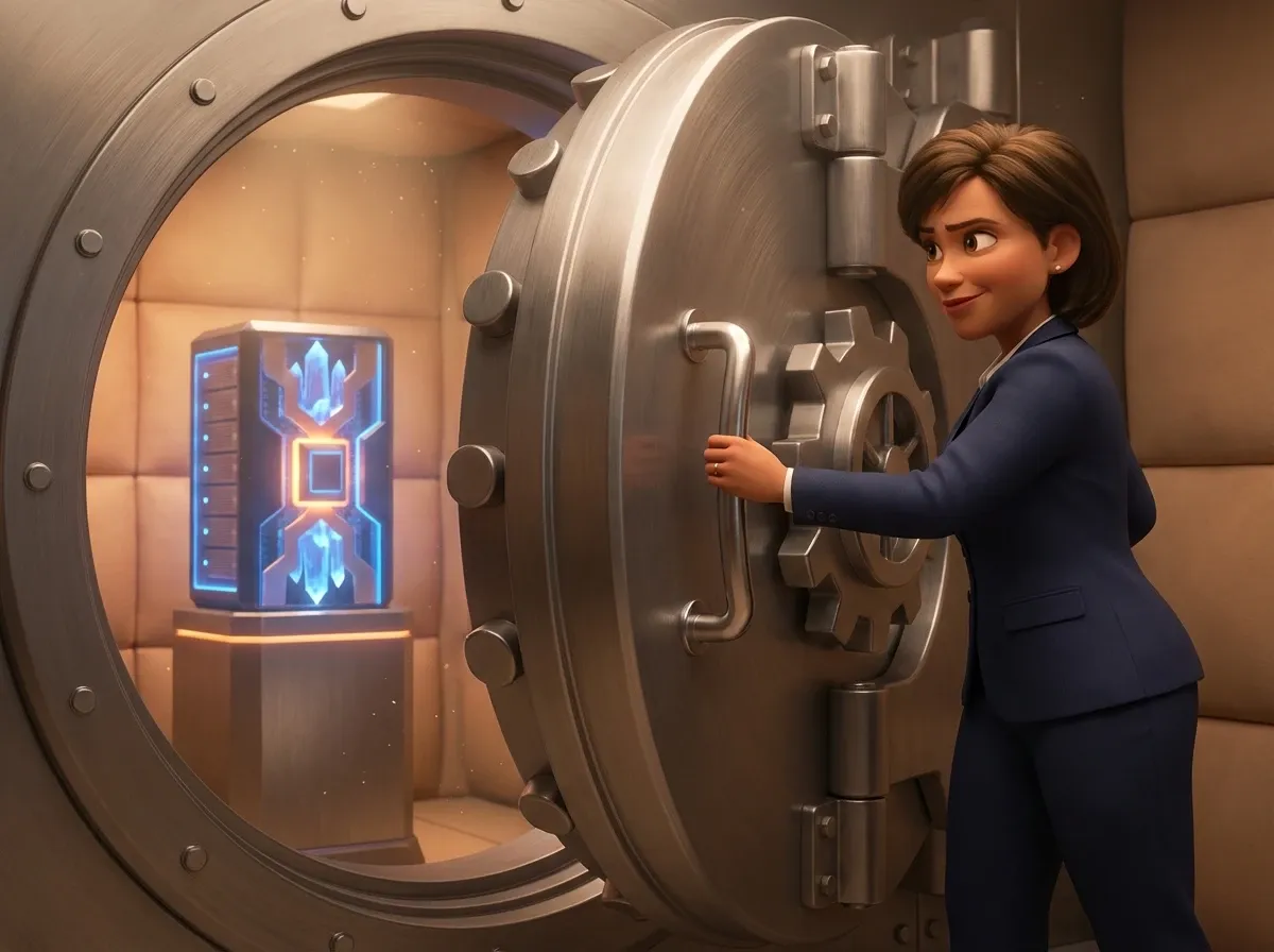 Femme fermant un coffre-fort avec serveur rayonnant