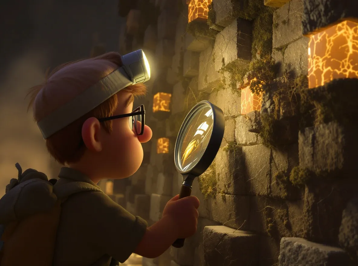 Explorateur examine mur de données anciennes