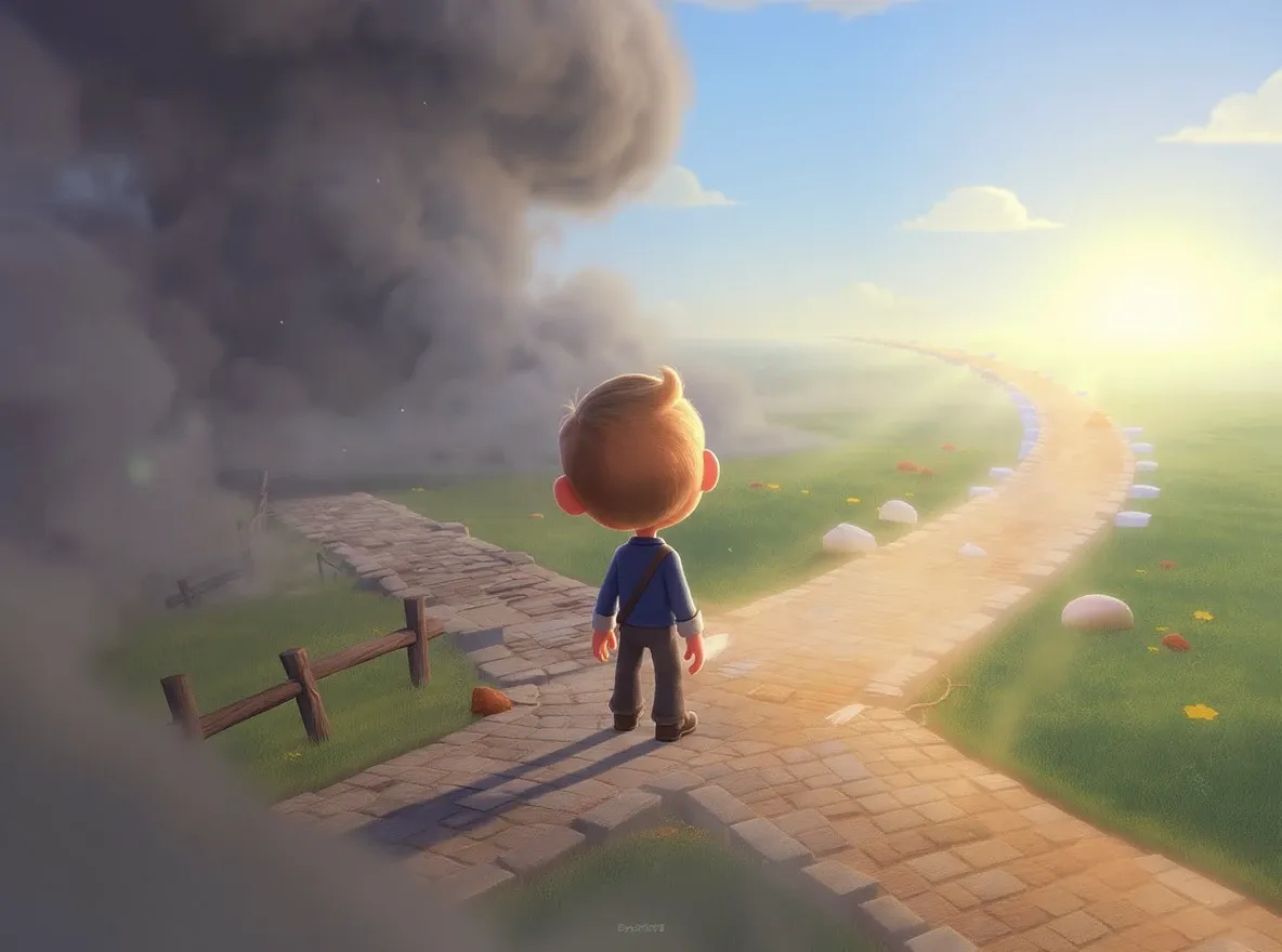 Dilemme: personnage entre lumière et brouillard