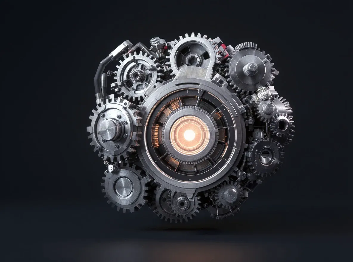 Moteur stylisé 3D, engrenages lumineux